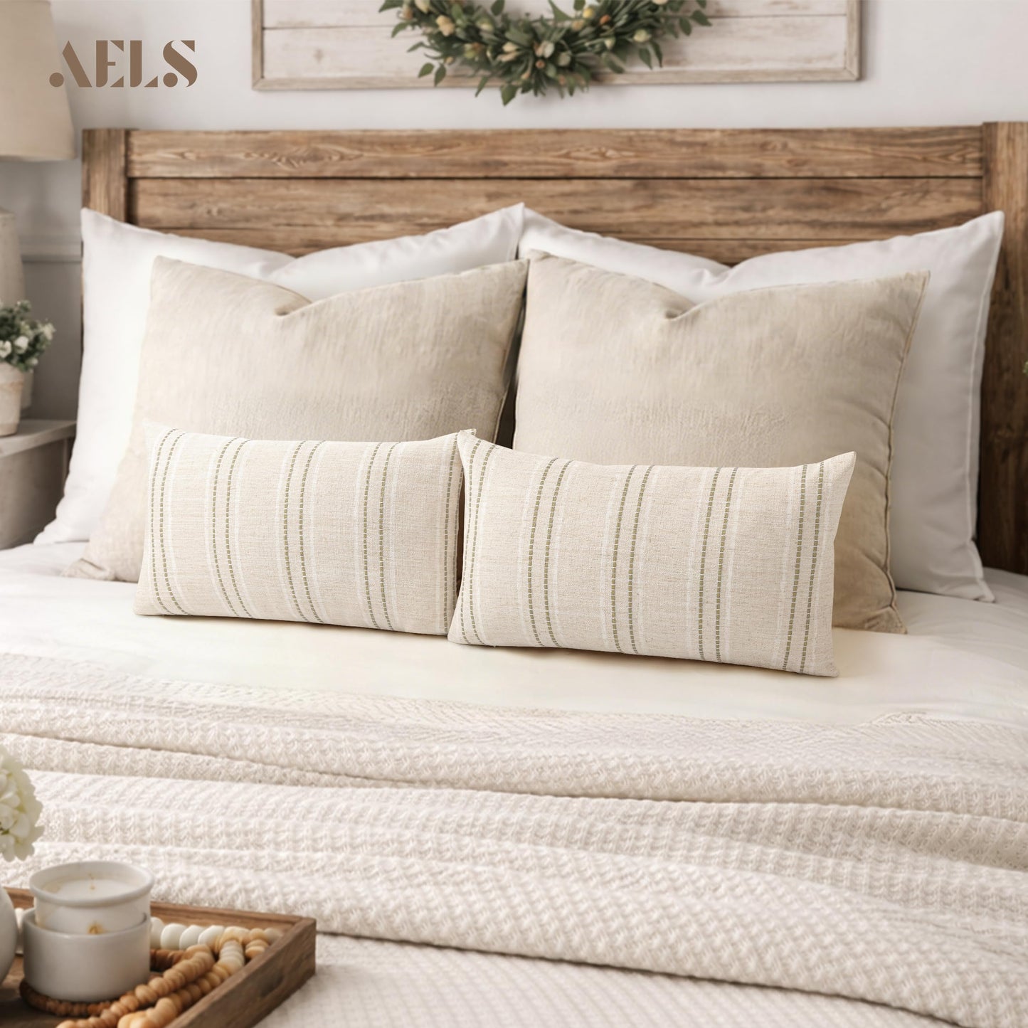 AELS 12x20 Decorative Farmhouse Linen Blend Throw Pillow Covers, Boho Textured Pillow Case, Set of 2, Beige with White & Brown Stitch Yarn Dyed Stripe Cushion Cover for Sofa Living Room (Cover ONLY)