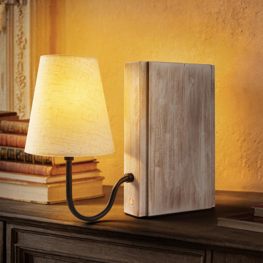 AELS Wooden Bookshelf Lamp with Bulb, Cordless Touch Dimmable Table Lamp with Linen Fabric Shade, Battery Operated, Modern Decorative Bookend, Book Sconce for Office Home Bedroom Bookshelf, Natural