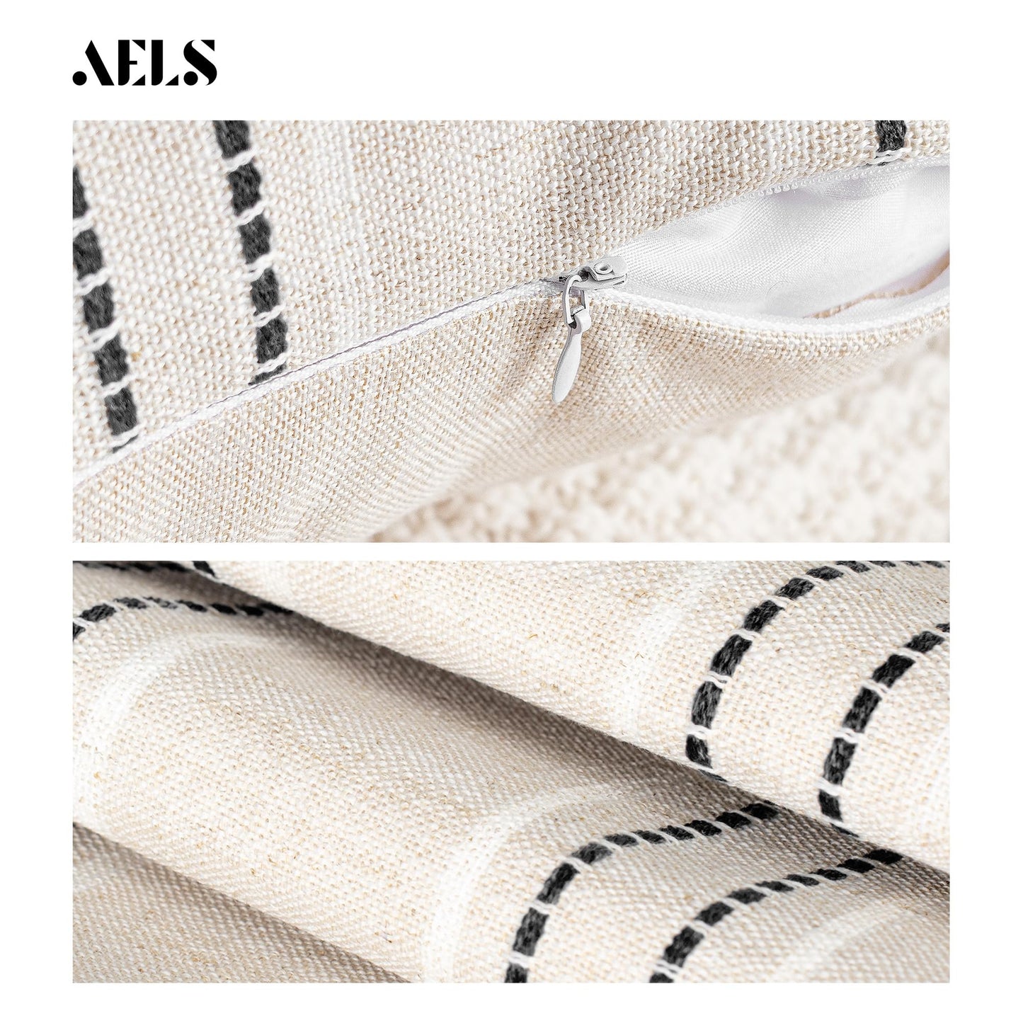 AELS 12x20 Decorative Farmhouse Linen Throw Pillow Covers, Boho Rectangle Lumbar Pillow Case, Set of 2, Beige with White & Gray Stripe Patchwork Cushion Cover for Sofa Couch Living Room (Cover ONLY)