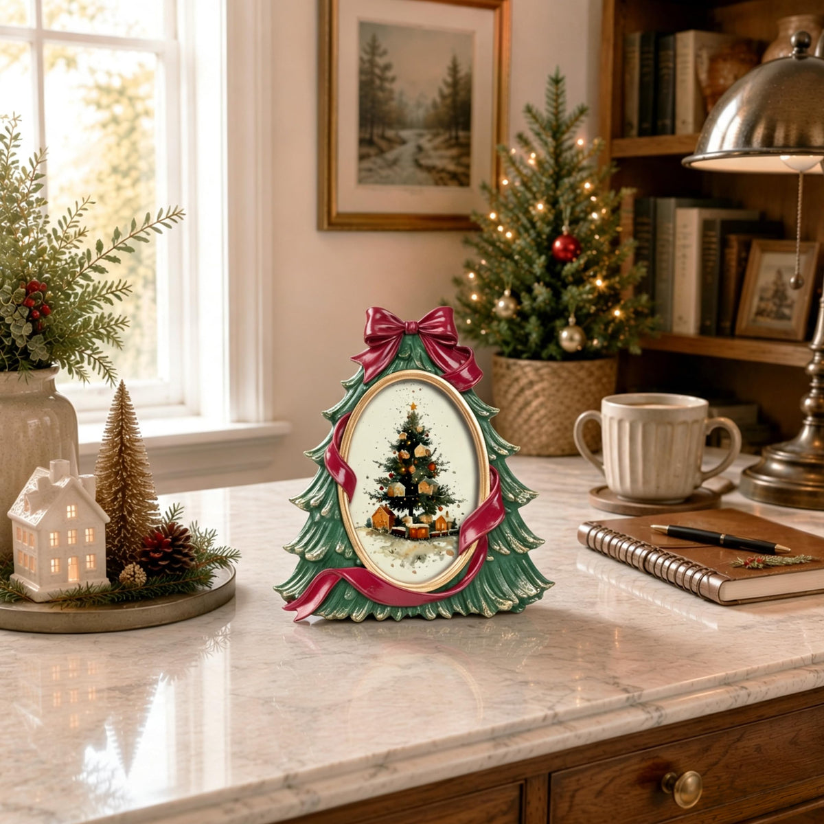 AELS 4x6 Inch Vintage Christmas Tree Picture Frames White Gold Bow
