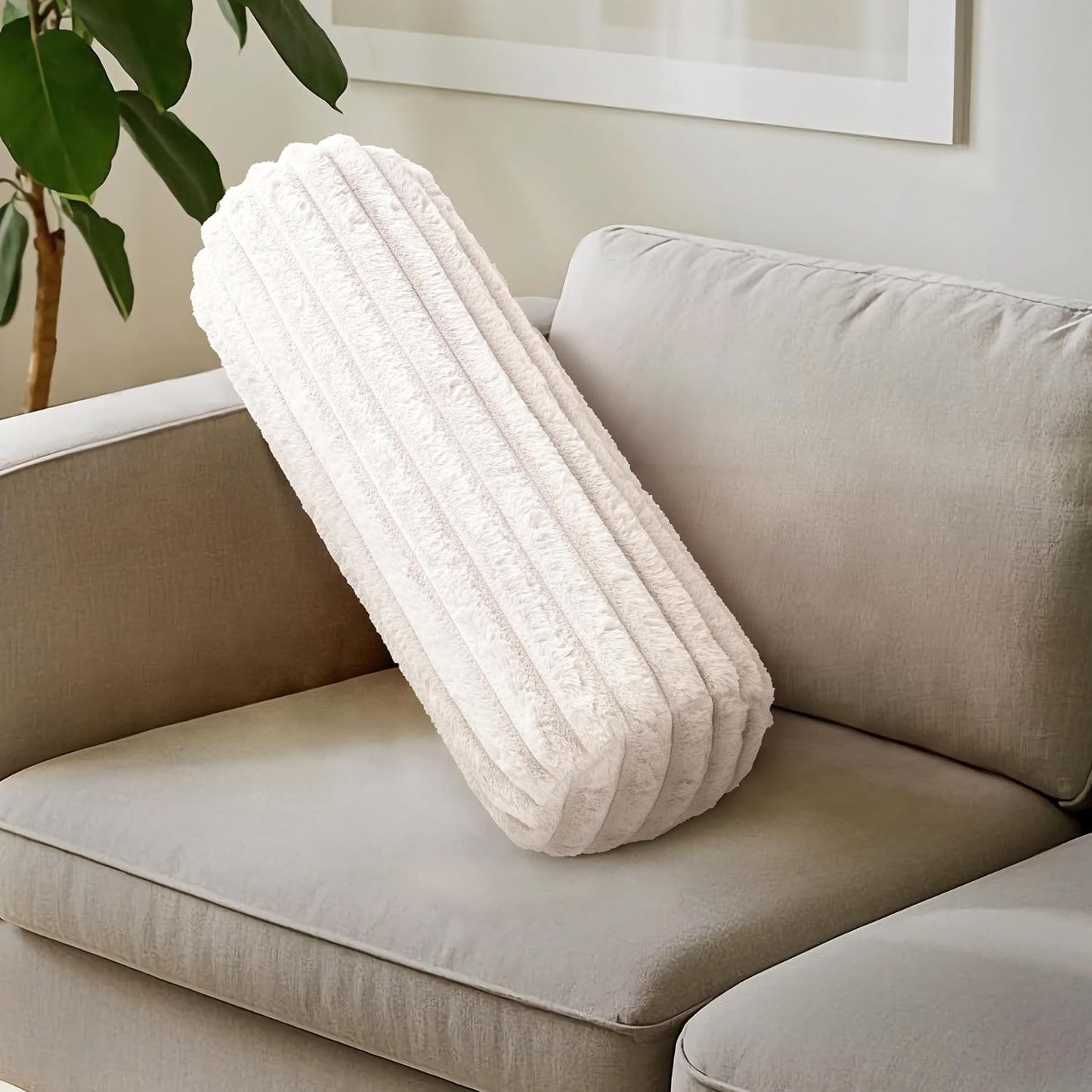 AELS Faux Fur Striped Cylinder Pillows, 8" x 24" Decorative Modern Bolster Pillows with Removable Washable Cover and Insert, Body Pillow for Couch and Bed, Living Room Bedroom Nursery Decor, White