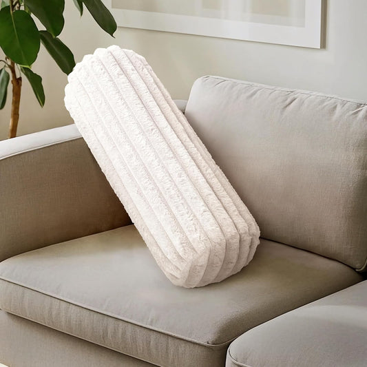 AELS Faux Fur Striped Cylinder Pillows, 8" x 24" Decorative Modern Bolster Pillows with Removable Washable Cover and Insert, Body Pillow for Couch and Bed, Living Room Bedroom Nursery Decor, White