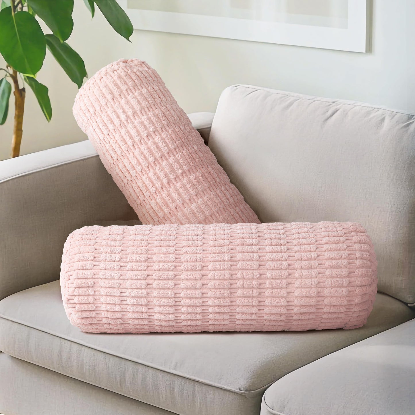 AELS Faux Fur Striped Cylinder Pillows Set of 2, 8" x 24" Decorative Modern Bolster Pillows with Removable Washable Cover & Insert, Body Pillow for Couch Bed, Living Room Bedroom Nursery Decor, White