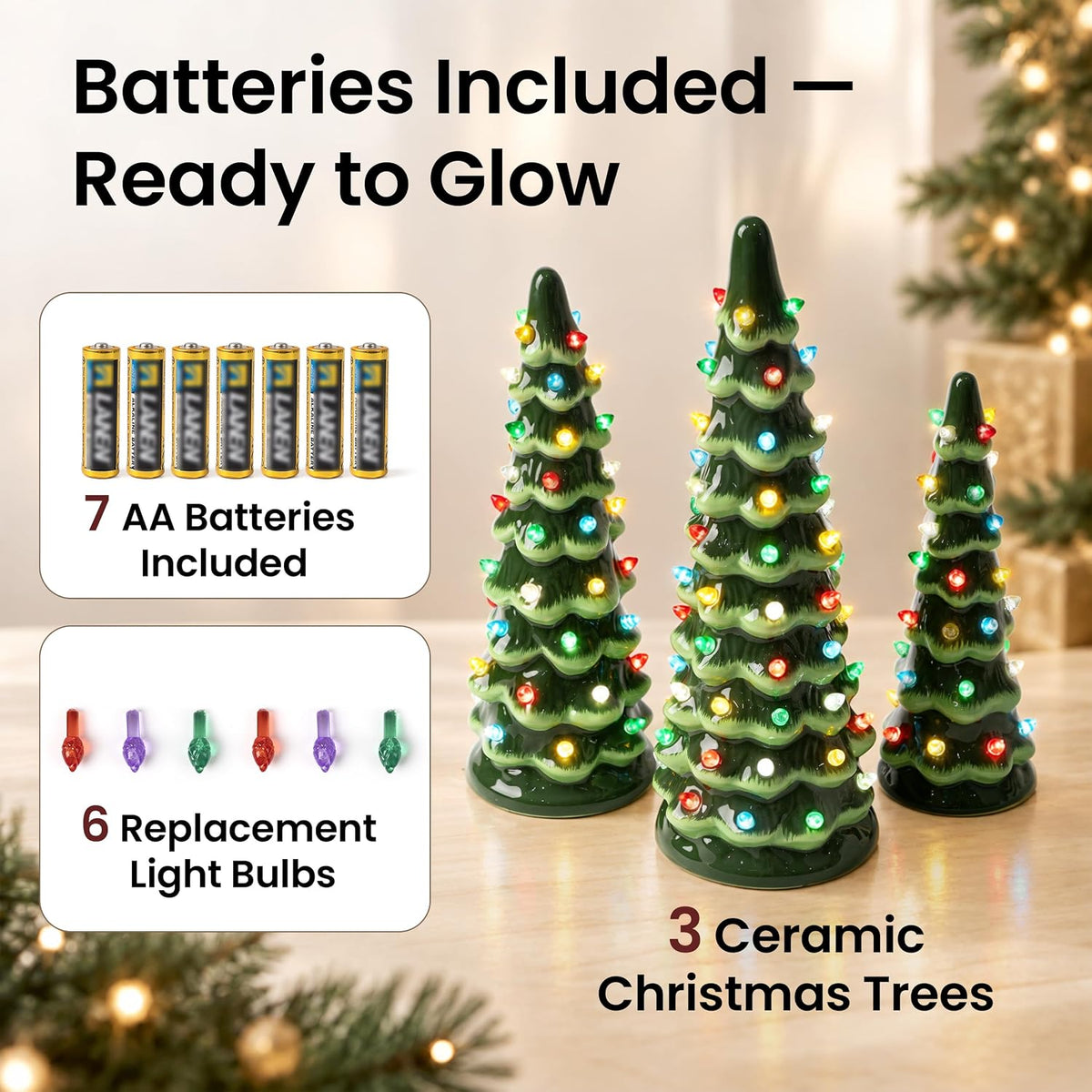 AELS Cordless Lighted Ceramic Christmas Tree Set of 3 Pre-Lit Green