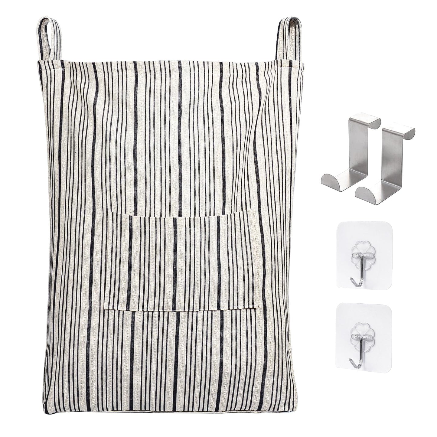 Farmhouse Hanging Laundry Hamper with 2 Hooks, Washable Beige & Stripes Laundry Bag with Zipper & Wide Open Top, Over the Door Organizer for Dirty Clothes, Space Saving Storage