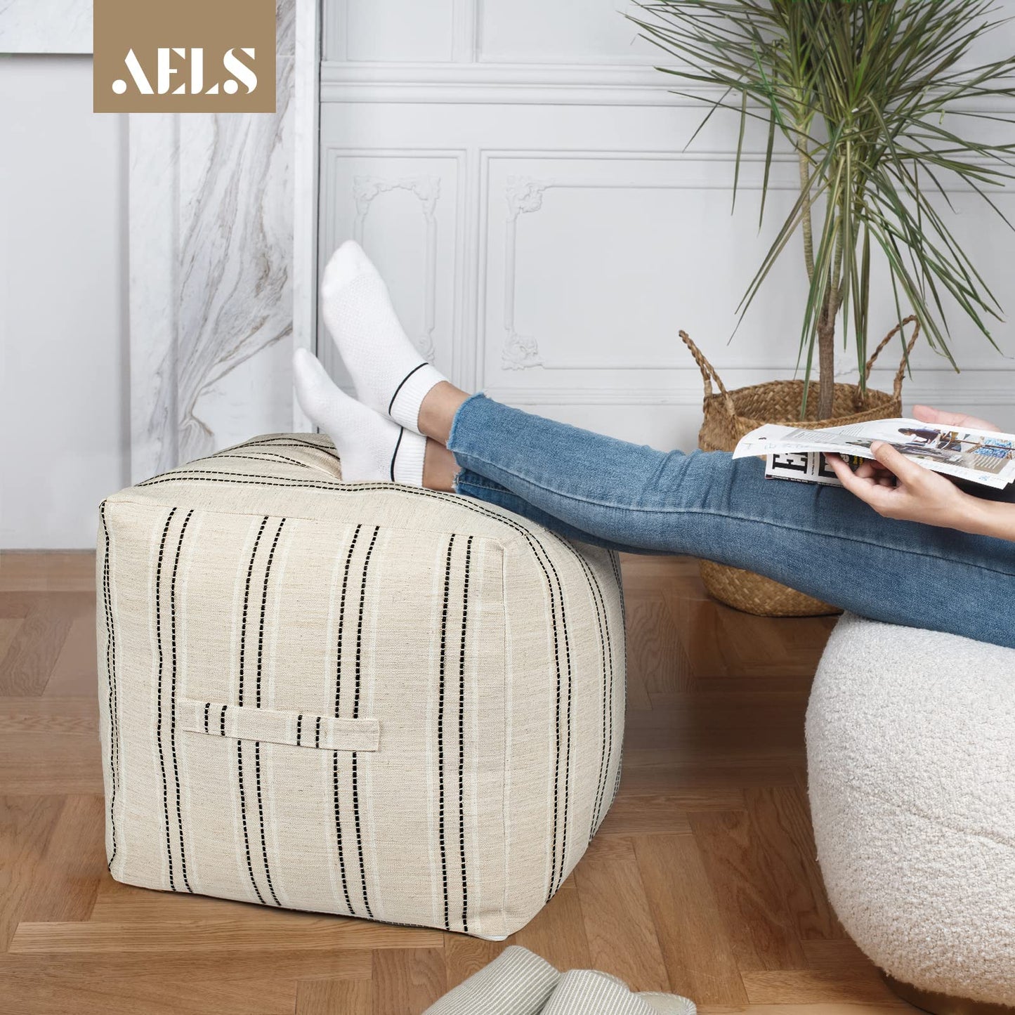 Unstuffed Farmhouse Pouf Cover for Living Room, Boho Storage Bean Bag Cubes, Beige with Brown Stitch Yarn Dyed Stripe Square Ottoman Pouf Foot Rest Footstool, 18"x18"x18", Cover ONLY