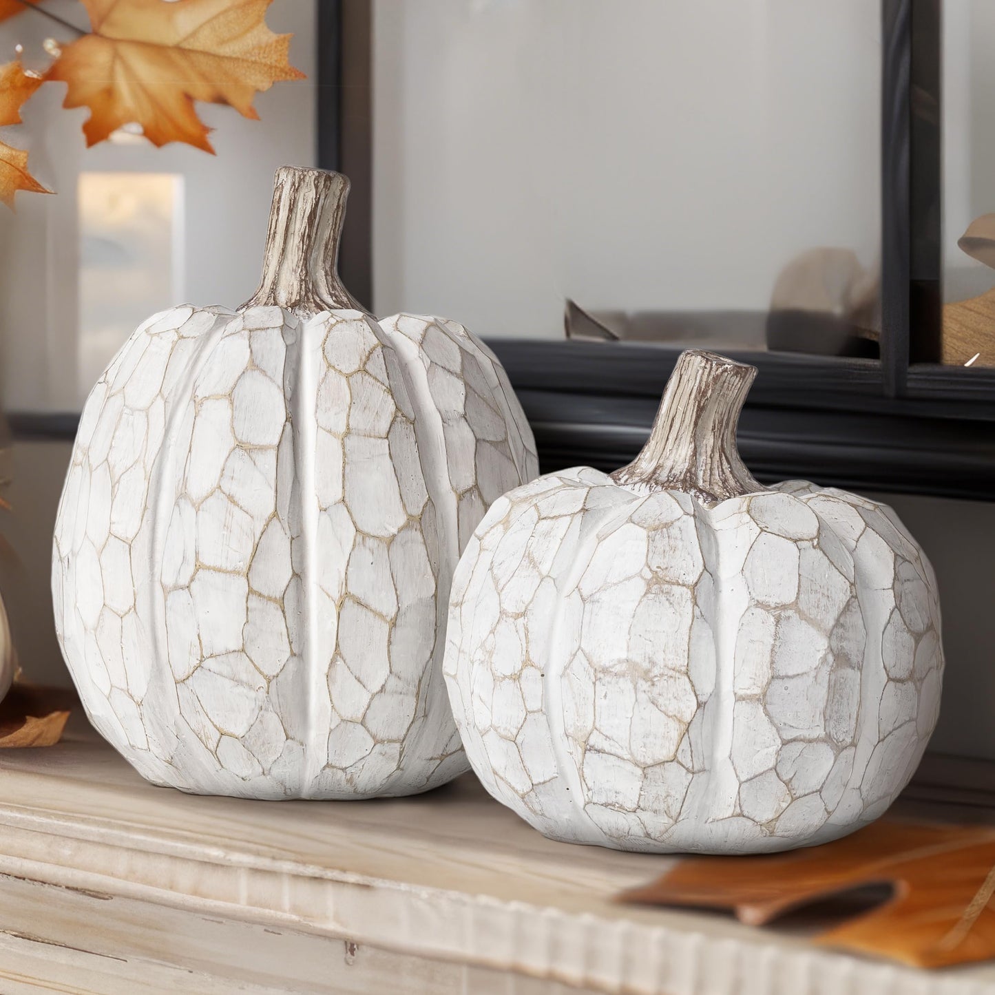 AELS 5.9" Tall Modern Farmhouse Pumpkins Fall Decor Indoor, Set of 2 Elegant Tabletop Decorations, Resin Artificial Pumpkins Decor for Fall Table Runner, Office, Holiday Party Home, White