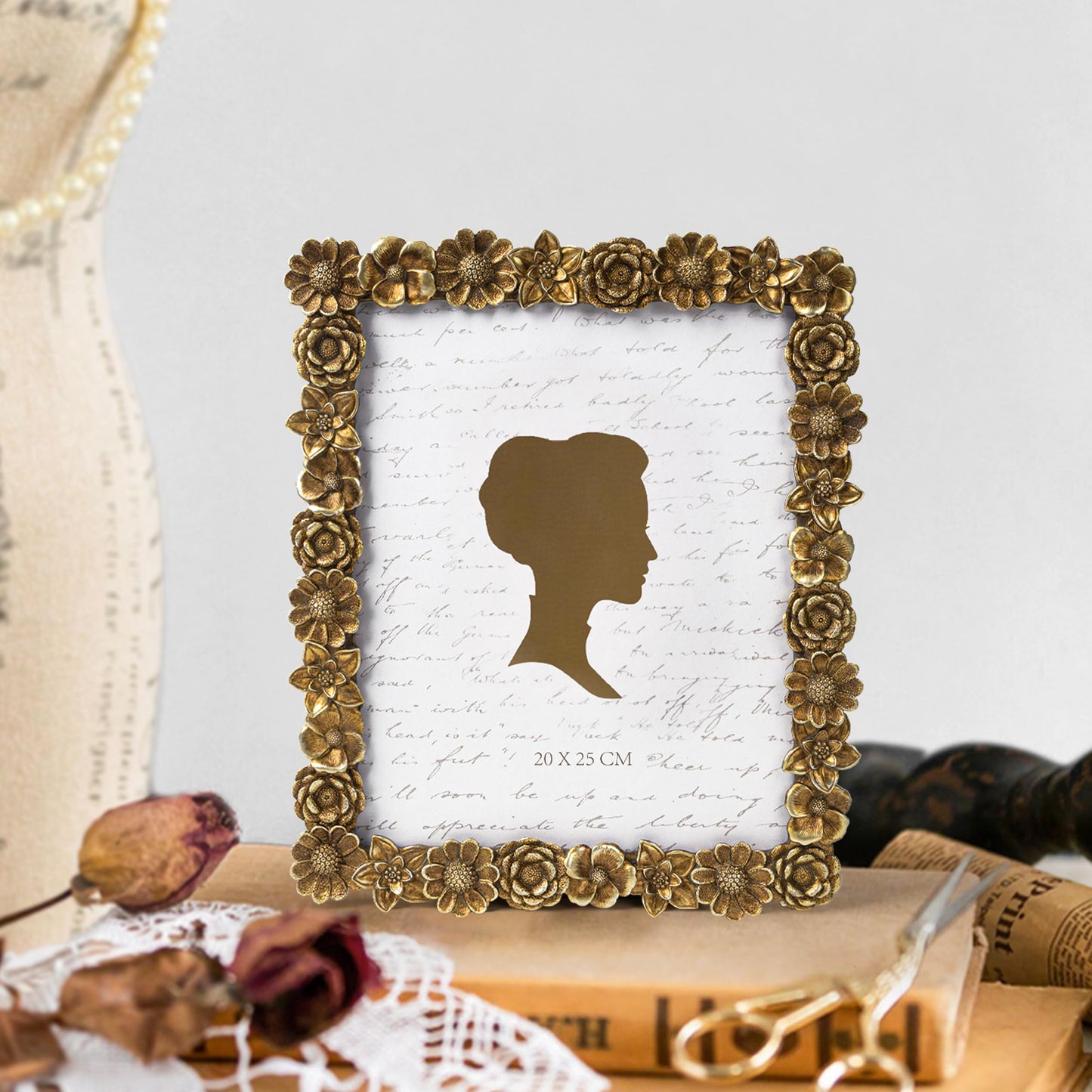 AELS 5x7 Inch Floral Vintage Picture Frame, Elegant Antique Photo Frames with Glass Front, Photo Display, Tabletop Wall Hanging, Gift Ideas, Gold Flower