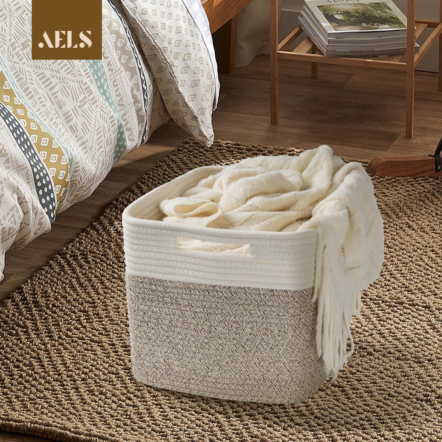 Hand Woven Cotton Basket for Storage, Cube Storage Bins with Handles, Foldable Collapsible Closet Organizers and Storage, Boho Farmhouse Storage Cubes for Shelves, Beige