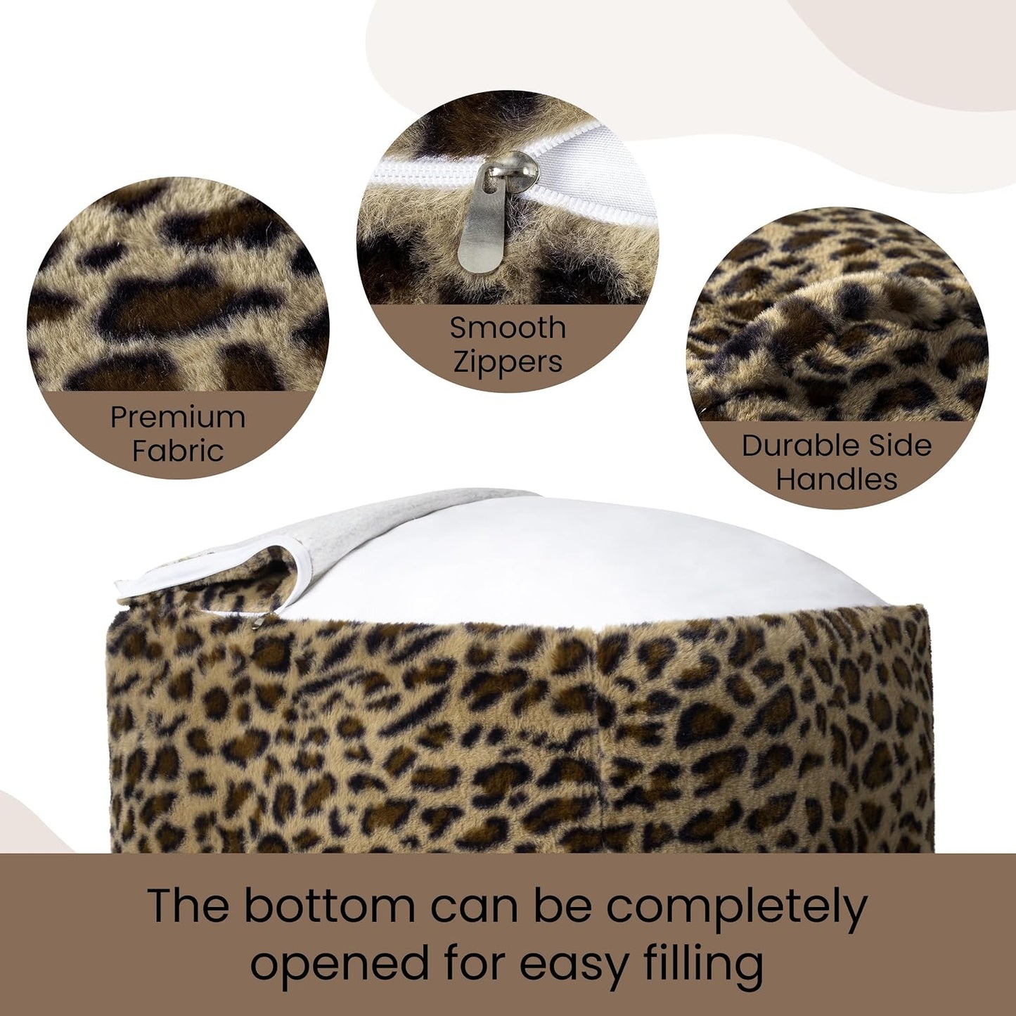 Unstuffed Leopard Cheetah Print Pouf Cover for Living Room, Boho Chic Modern Storage Bean Bag Cube, Soft Faux Fur Ottoman Foot Rest Footstool, 18"x18"x18", Cover ONLY, Natural Leopard
