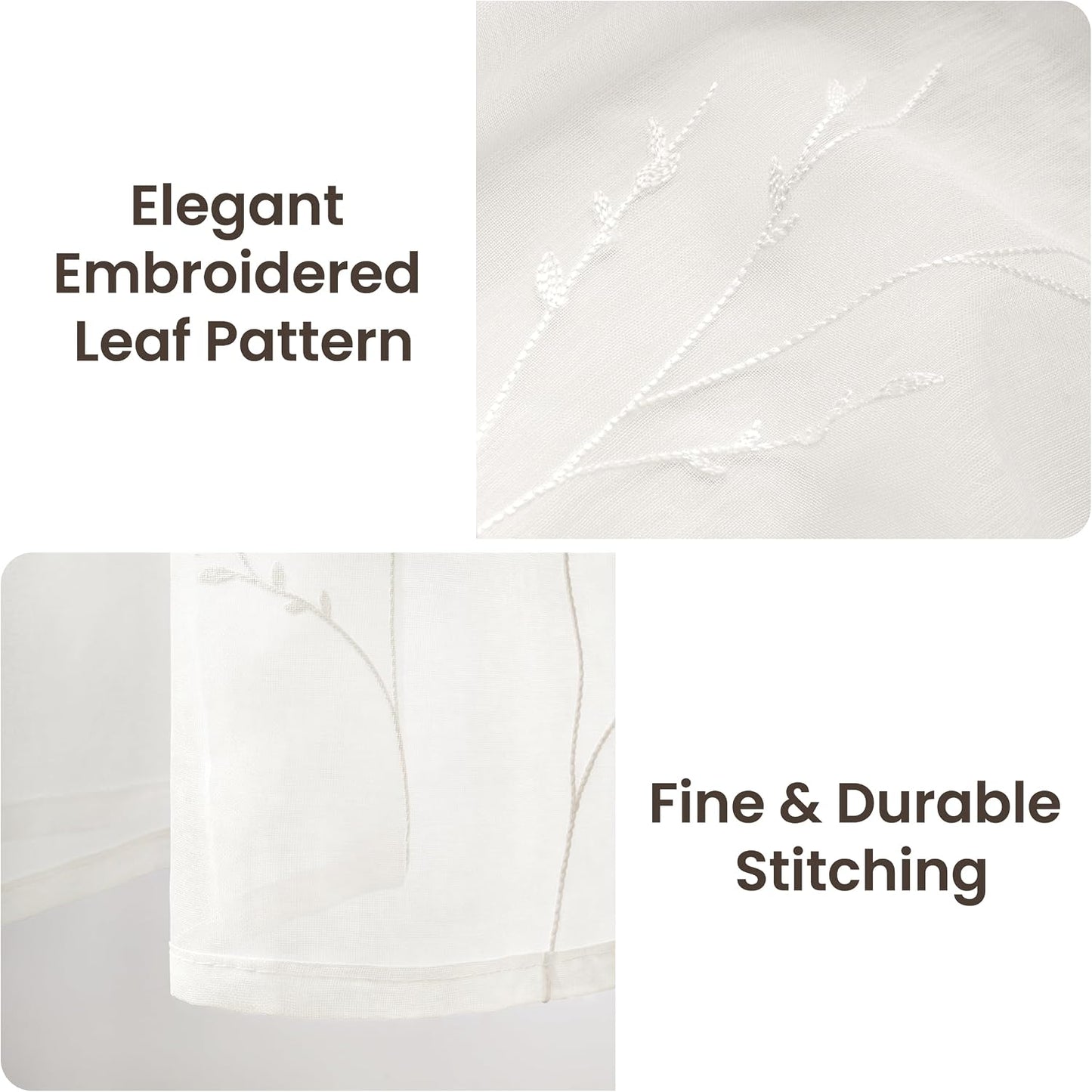 Semi White Sheer Curtains 84 Inches Long 2 Panels Set, White Stem | Embroidered Leaf Patterned Voile Window Treatments for Living Room Bedroom, Airy Light Filtering Grommet Curtains 52"W x 84"L