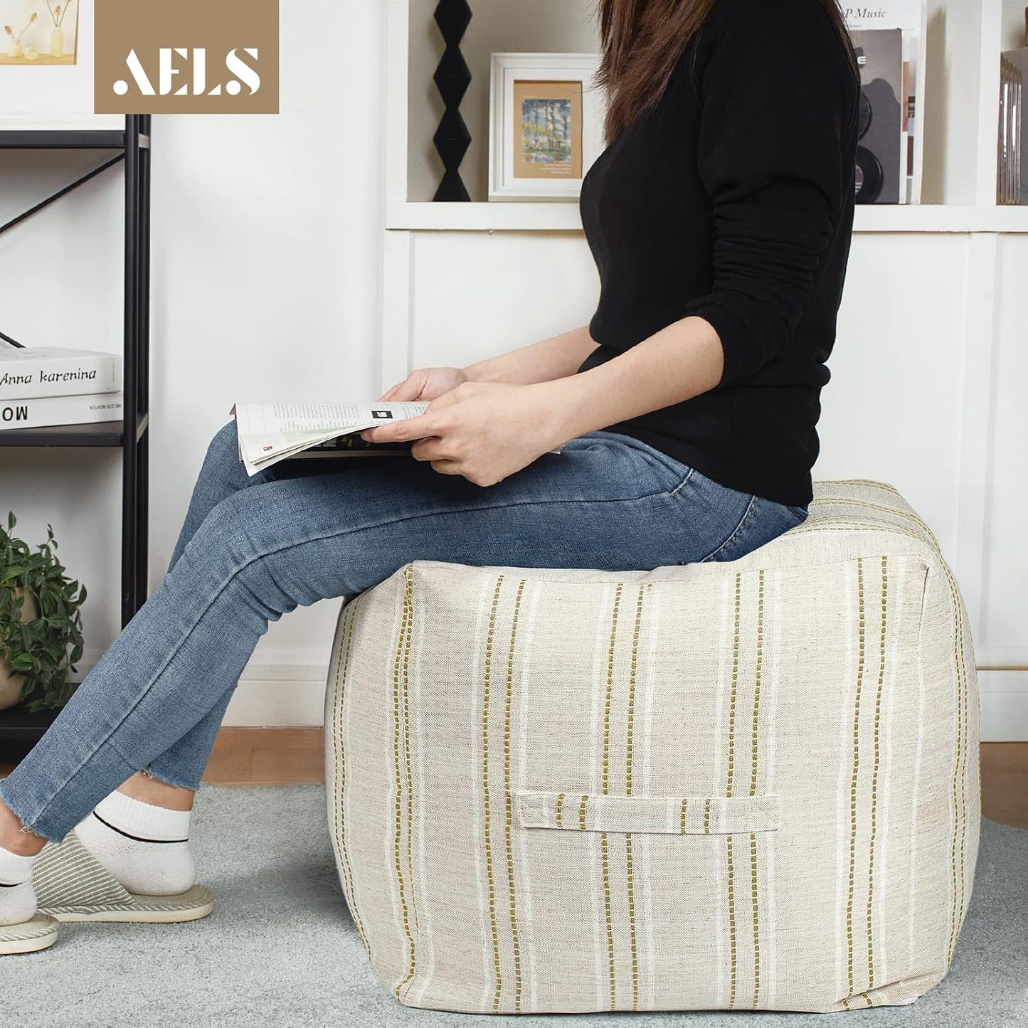 Unstuffed Farmhouse Pouf Cover for Living Room, Boho Storage Bean Bag Cubes, Beige with Brown Stitch Yarn Dyed Stripe Square Ottoman Pouf Foot Rest Footstool, 18"x18"x18", Cover ONLY