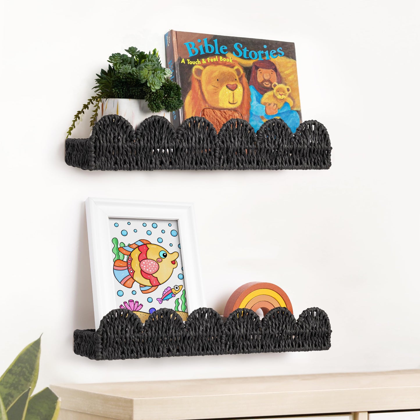 AELS Scalloped Nursery Bookshelf, Set of 2, Picture Ledge Shelf for Wall Decor, Woven Straw Paper Floating Shelves for Books, Toys, Photo Frames, Nursery, Boho Modern Farmhouse Book Shelf, Beige
