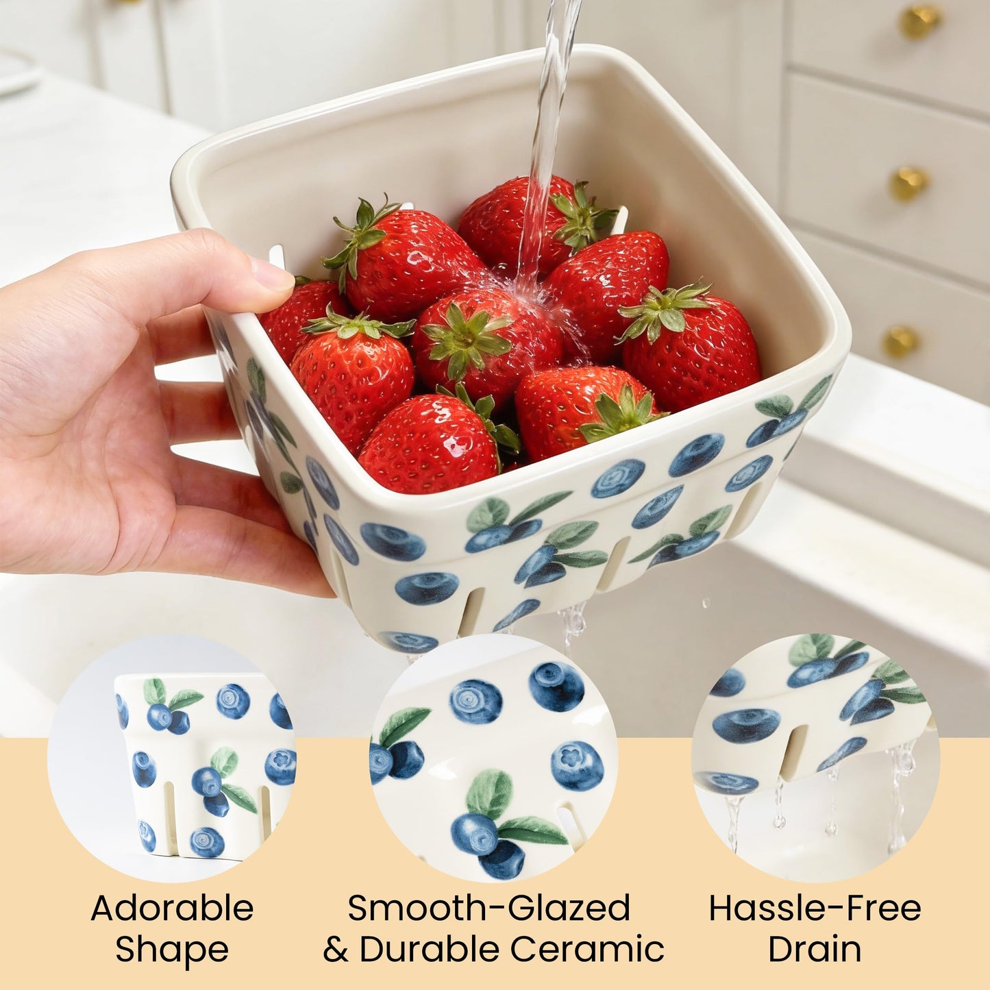 AELS Ceramic Berry Basket, 5.9" Container for Fruit & Vegetables, Farmhouse Fruit Bowl, Strawberry Decor, Farmers Market, White Pink and Cute Strawberry Pattern, Stoneware Harvest Bowls for Kitchen