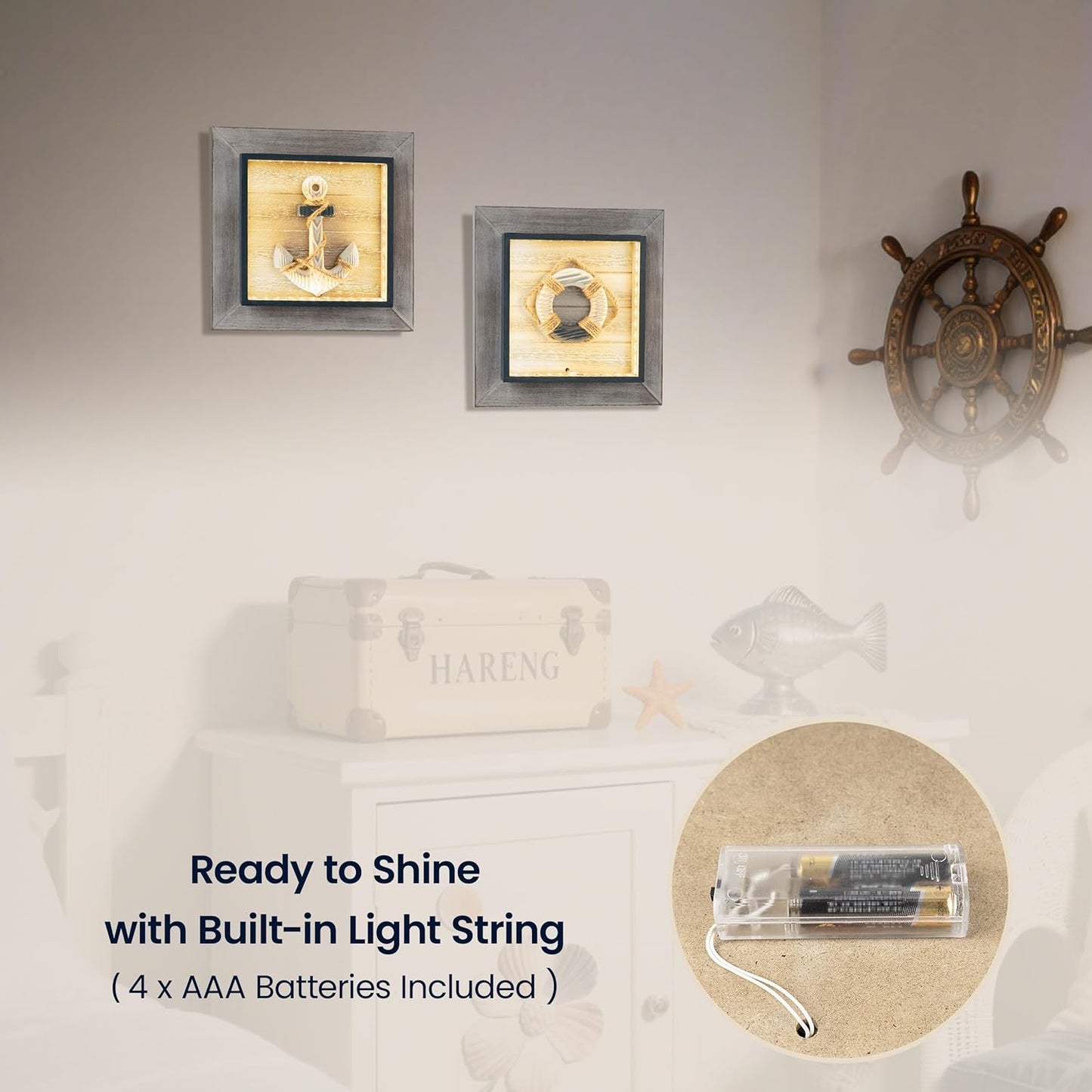AELS 11.4" Large Wooden 3D Ocean Theme Wall Art Decor with LED Light, Rustic Nautical Wall Decor Framed Set of 2, Farmhouse Coastal Wall Art Sculpture, Shabby Chic Home Decor, Anchor & Life Ring