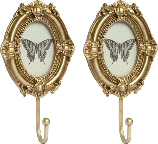 AELS Decorative Wall Hooks with 2.5"x3.5" Vintage Ornated Oval Picture Frame, Vintage Photo Holder with Gold Hook for Coats, Purses, Towels and Keys, Ideal for Entryway, Bedroom or Wedding Decor