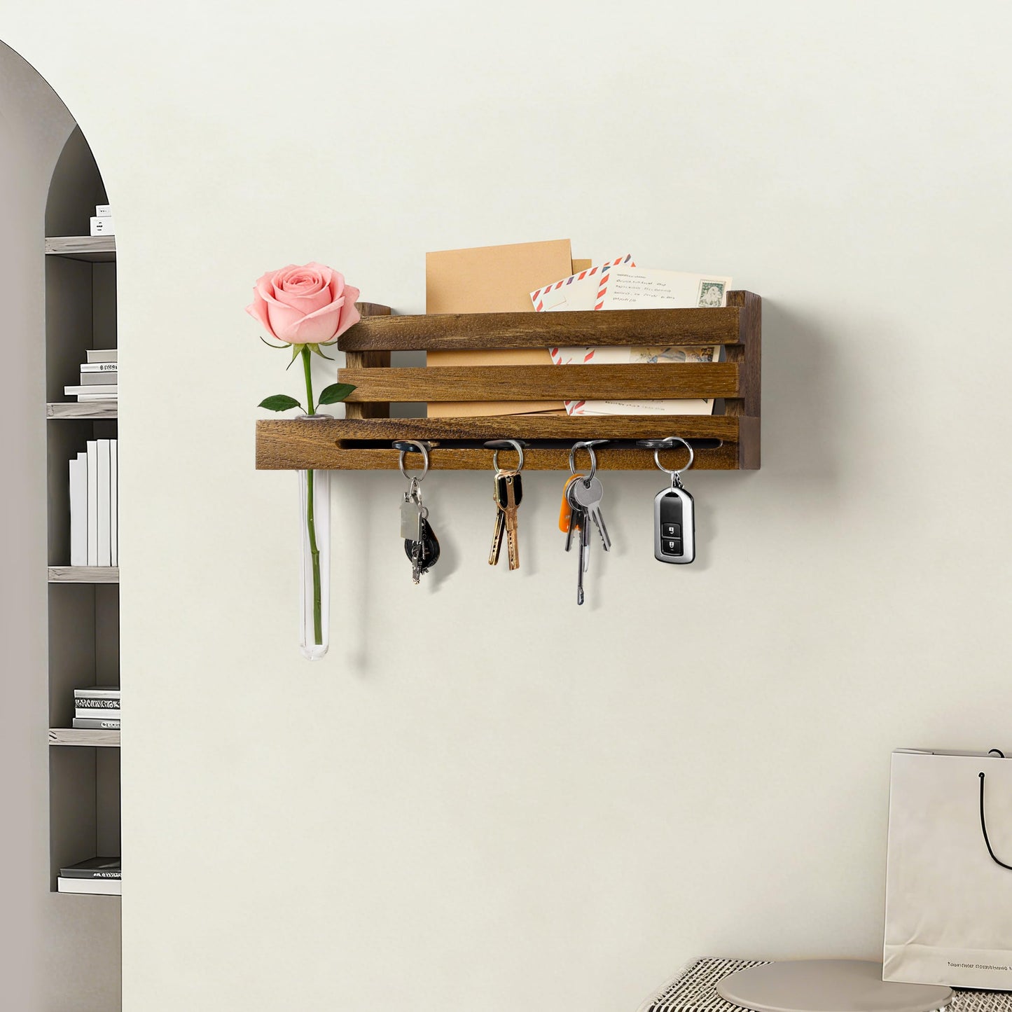 Black Wall Mounted Key Holder with Acrylic Vase & Mail Organizer, Wooden Entryway Key Rack with 5.9" Test Tube Vase, Decorative Key Hanger with Slot for Keys and Letters, Gift Idea