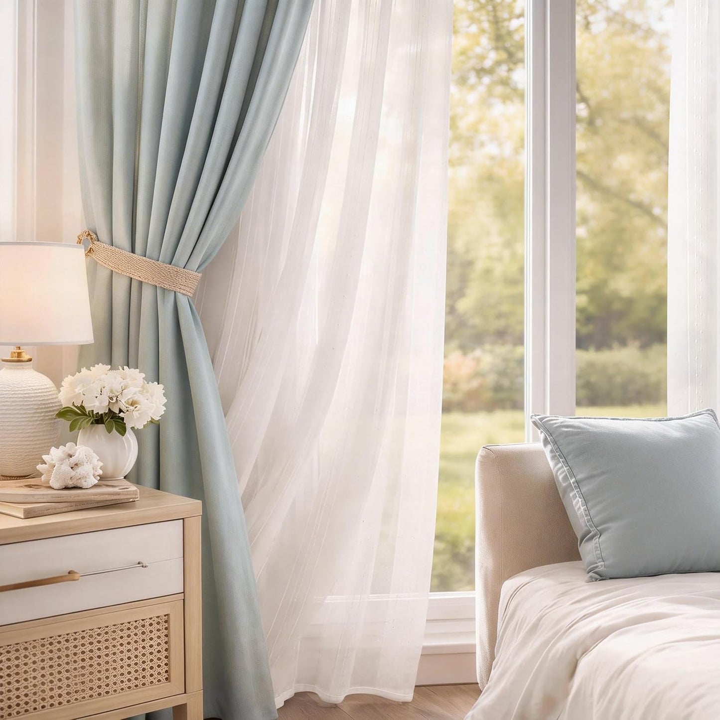 Creamy White Semi Sheer Curtains 52 x 84 Inches Long 2 Panels, White Striped Window Curtains for Living Room Bedroom, Boho Light Filtering Textured Voile Sheer Curtain, Layered Stripes