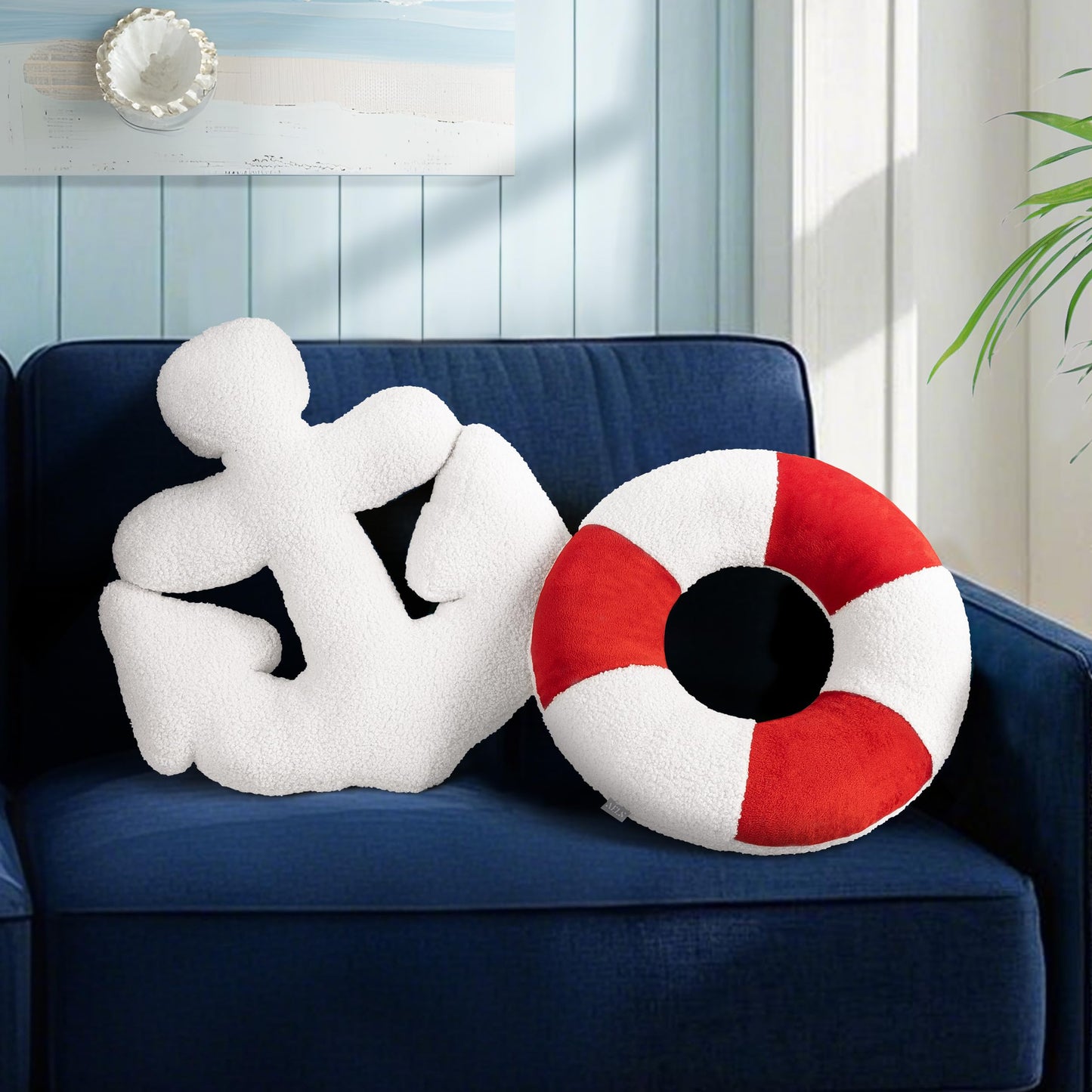 AELS 3D Anchor & Lifebuoy Nautical Decorative Throw Pillows, 19.6"& 15.7" Set of 2, Coastal Decor for Beach Enthusiasts Beach House, Sofa Couch Living Room Bedroom and Nursery, Navy Blue and White