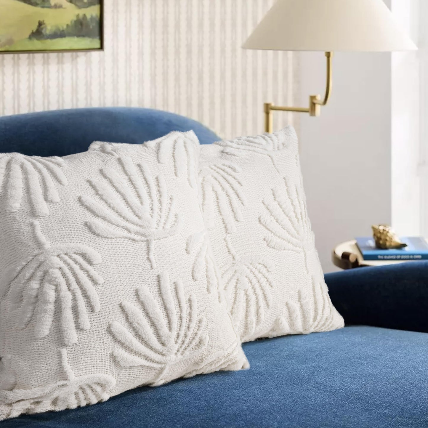 AELS Decorative Throw Pillow Covers 20x20, Set of 2, Modern Farmhouse Fan Palm Leaves Soft Plush Couch Pillow Case for Bed Couch Sofa, Cream White (Covers Only)