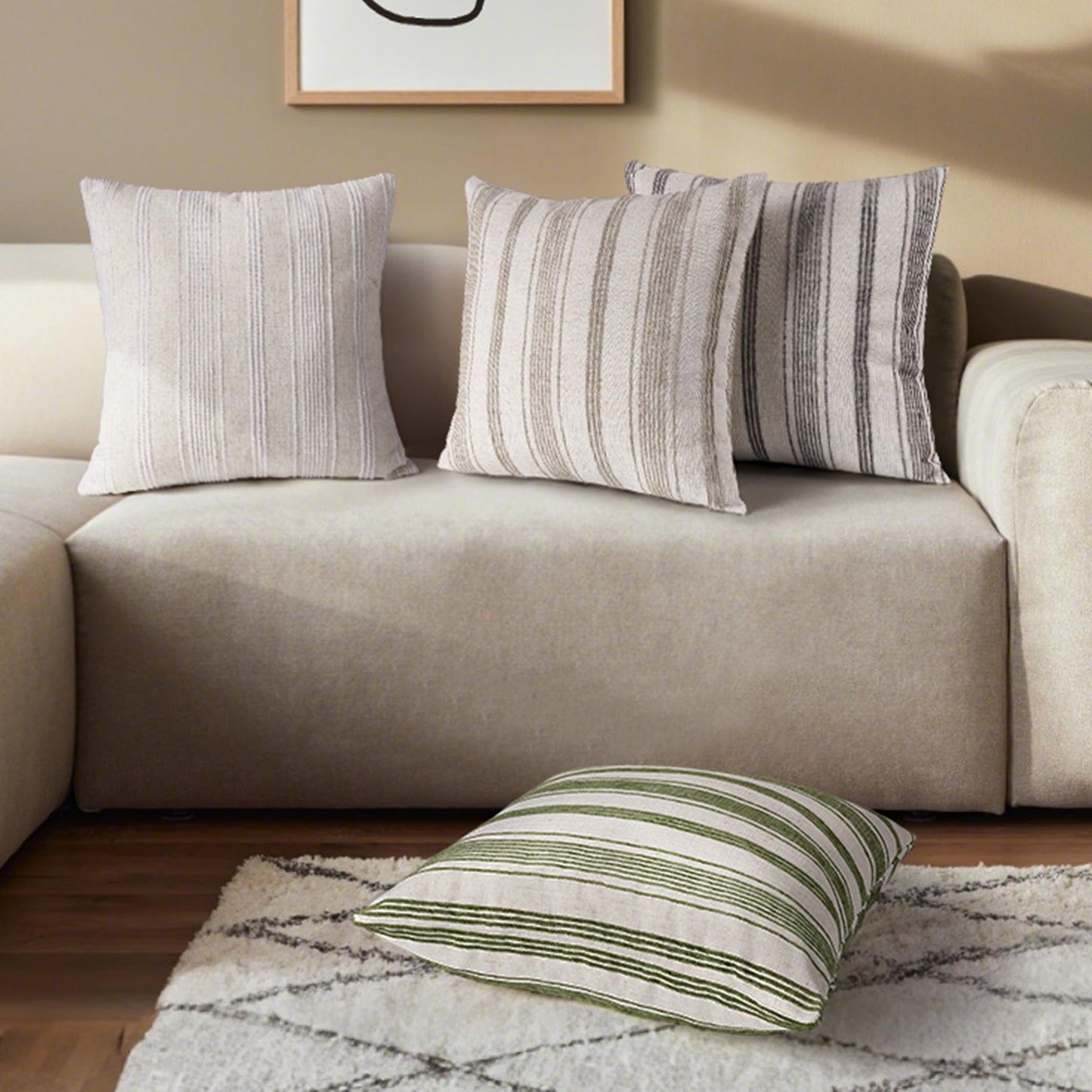 AELS 12x20 Decorative Farmhouse Linen Lumbar Pillow Covers, Beige with Olive Green Chenille Striped Pillow Case, Set of 2, Boho Textured Cushion Cover for Sofa Couch Living Room (Cover ONLY)