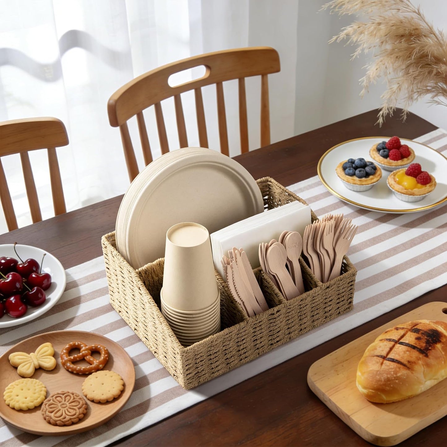 Woven Paper Plate Dispenser & Utensil Holder for Party, Rustic Countertop Storage Basket for Disposable Plates (7-12 Inch) & Paper Cups (8, 12, 16oz), Napkins, Forks, Knives, Spoons