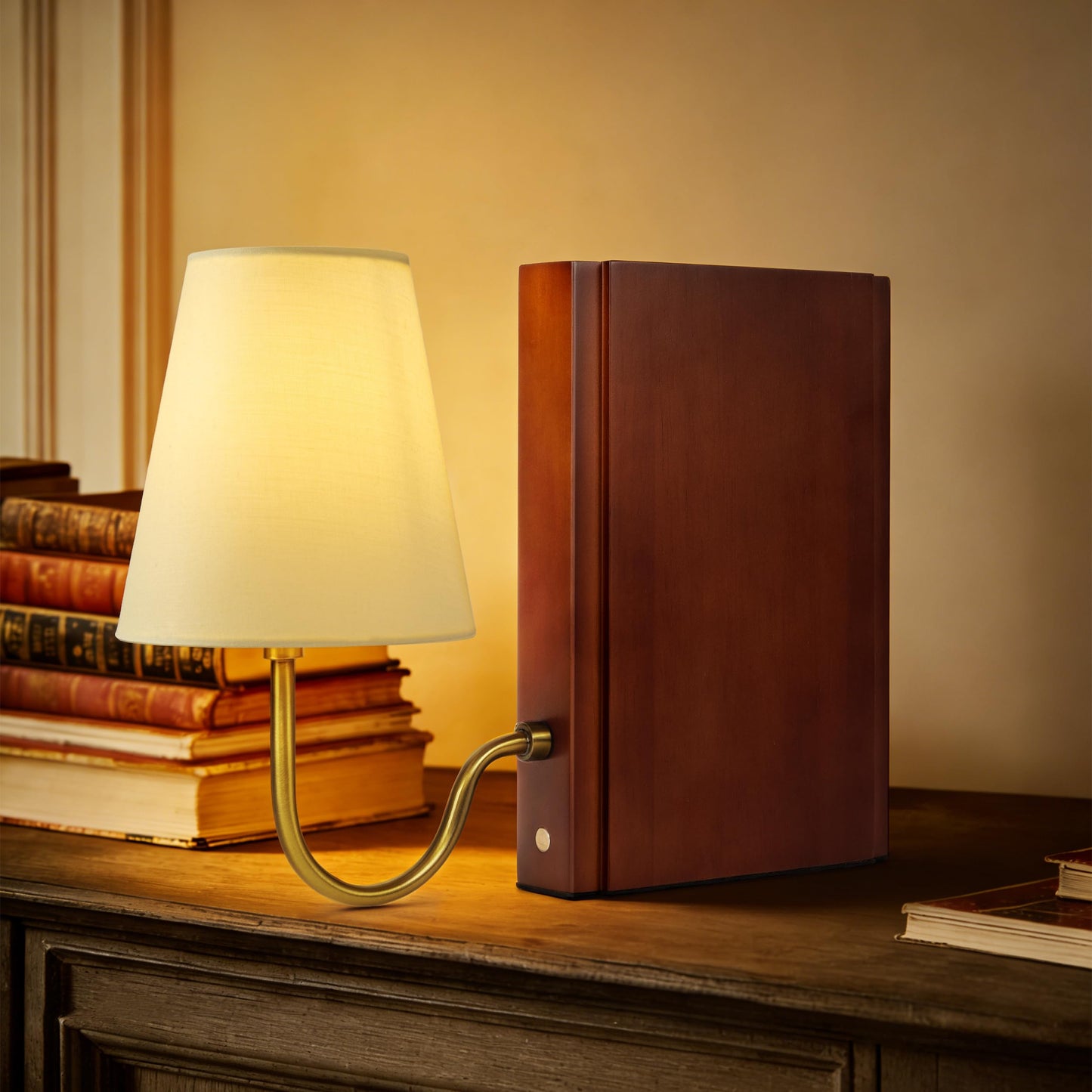 AELS Wooden Bookshelf Lamp with Bulb, Cordless Touch Dimmable Table Lamp with Linen Fabric Shade, Battery Operated, Modern Decorative Bookend, Book Sconce for Office Home Bedroom Bookshelf, Natural