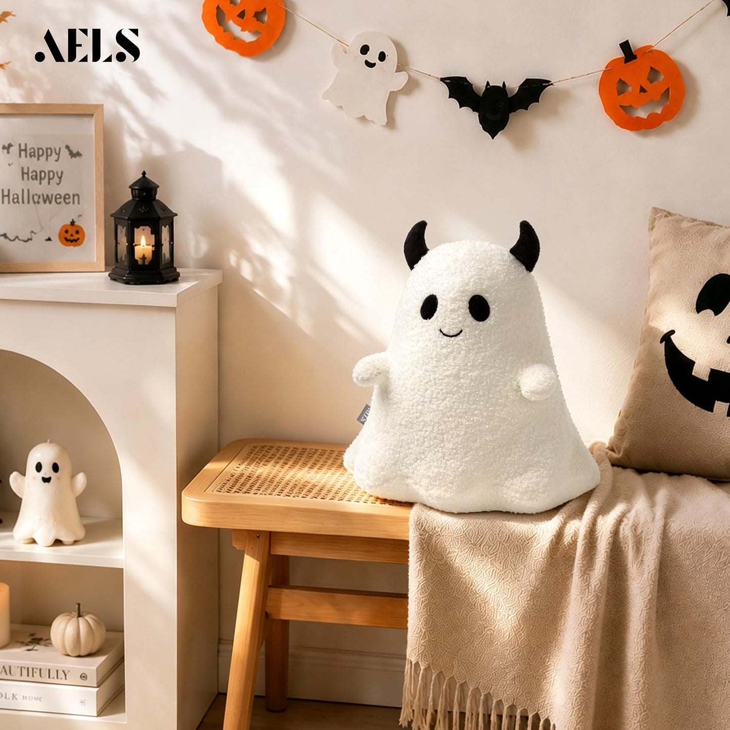 AELS Ghost with Horns Throw Pillow, Spooky Halloween Decorative Pillow | Soft Plush White Ghost Pillow for Couch Sofa Bed Living Room Decor, Cute Spooky Halloween Party Decoration