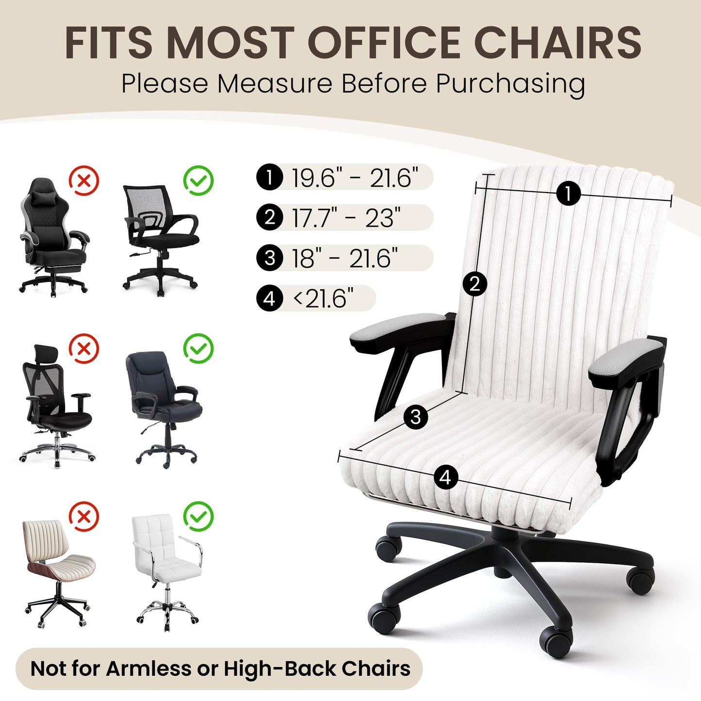 AELS Faux Fur Striped Office Chair Cover, Desk Chair Cover Computer Office Chair Covers - Fits Desk Chair/Armchair, Soft Breathable Fabric - Washable & Removable for Home & Office, Cream White
