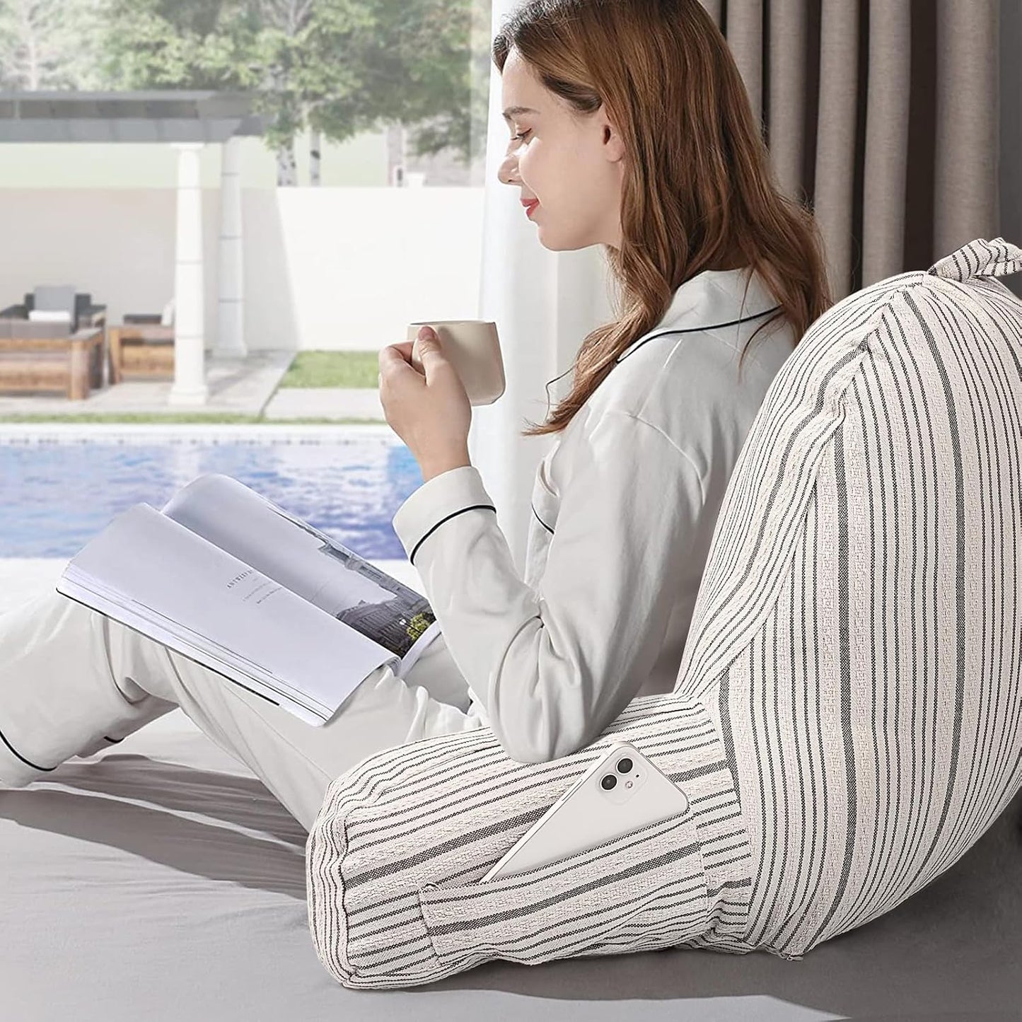 Reading Pillow Replacement Cover (No Insert) with Arms and Pockets, 18" Beige with Gray Stripes Textured Backrest Pillow Cover Fits Standard Size Pillows (Cover ONLY)