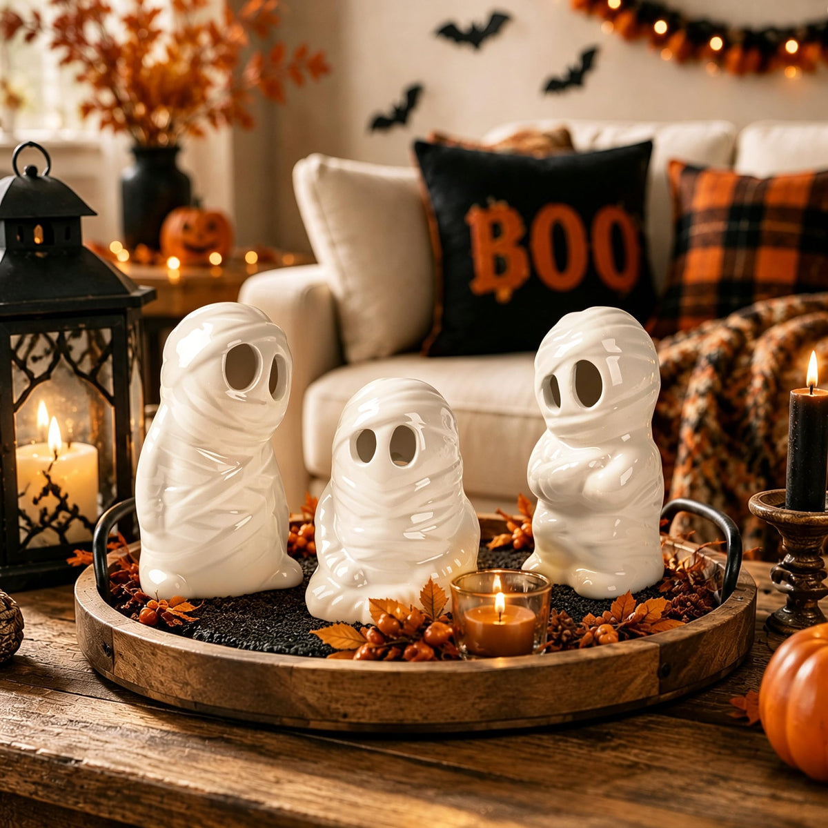 AELS Ceramic Ghost Candle Holder Set of 3, Halloween Tea Light Decor