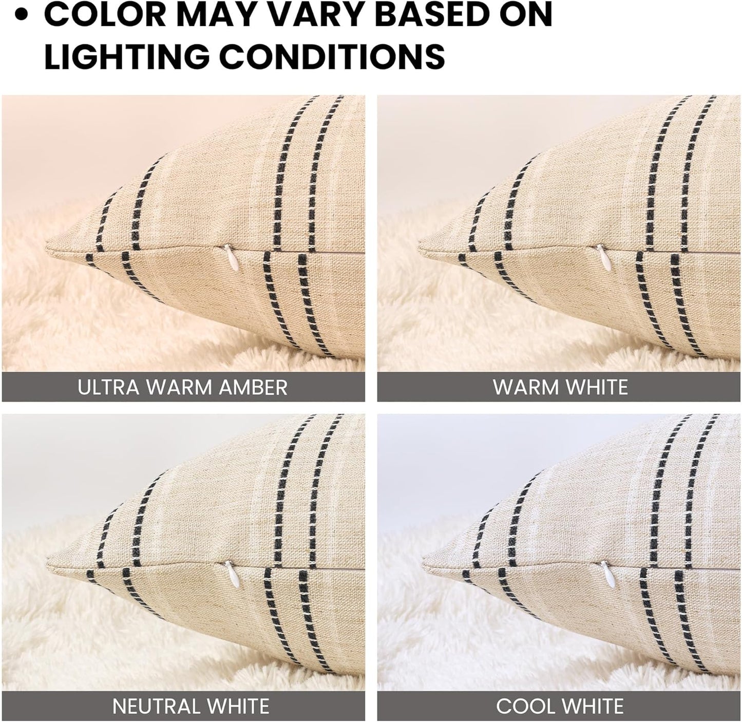 AELS 12x20 Decorative Farmhouse Linen Blend Throw Pillow Covers, Boho Textured Pillow Case, Set of 2, Beige with White & Brown Stitch Yarn Dyed Stripe Cushion Cover for Sofa Living Room (Cover ONLY)