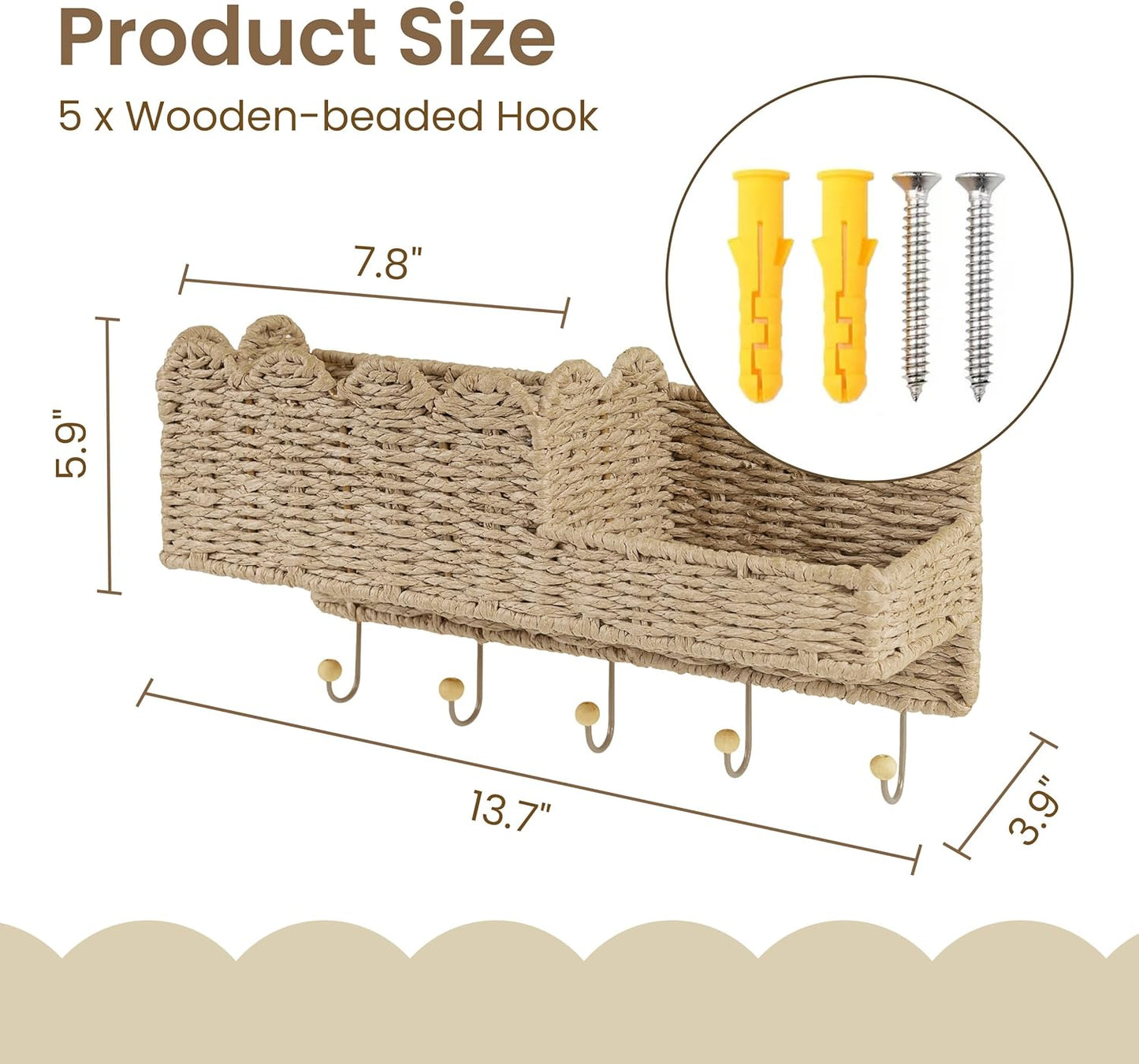 AELS Scalloped Woven Wall Mount Key Holder with 5 Hooks, Decorative Paperstraw Mail Organizer for Entryway, Wave Design Ratten Key Rack, Entryway Organizer, Living Room & Hallway Decor, Natural
