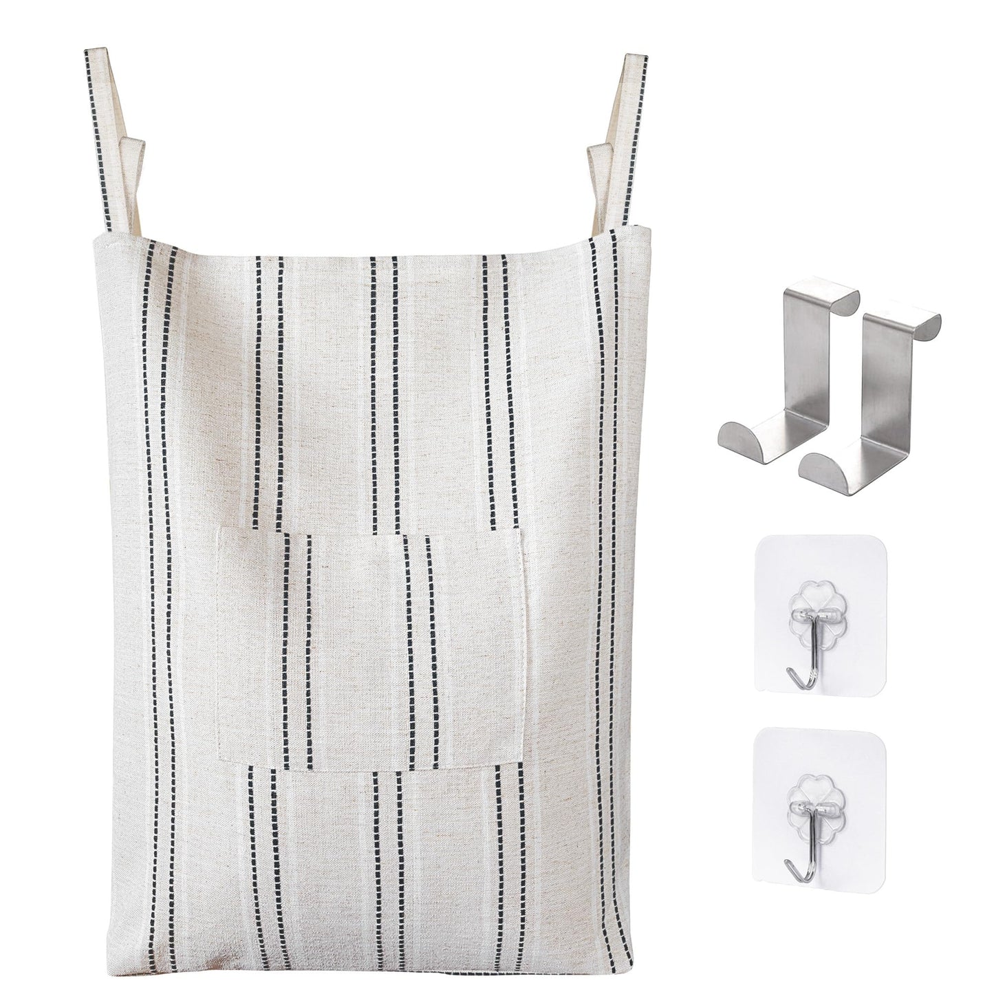 Farmhouse Hanging Laundry Hamper with 2 Hooks, Washable Beige & Stripes Laundry Bag with Zipper & Wide Open Top, Over the Door Organizer for Dirty Clothes, Space Saving Storage