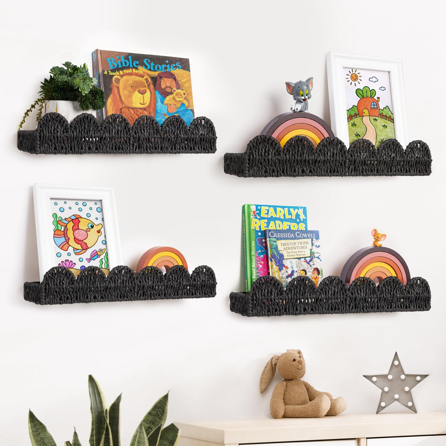 Scalloped Nursery Bookshelf, Set of 2, Picture Ledge Shelf for Wall Decor, Woven Straw Paper Floating Shelves for Books, Toys, Photo Frames, Nursery, Boho Modern Farmhouse Book Shelf, Beige