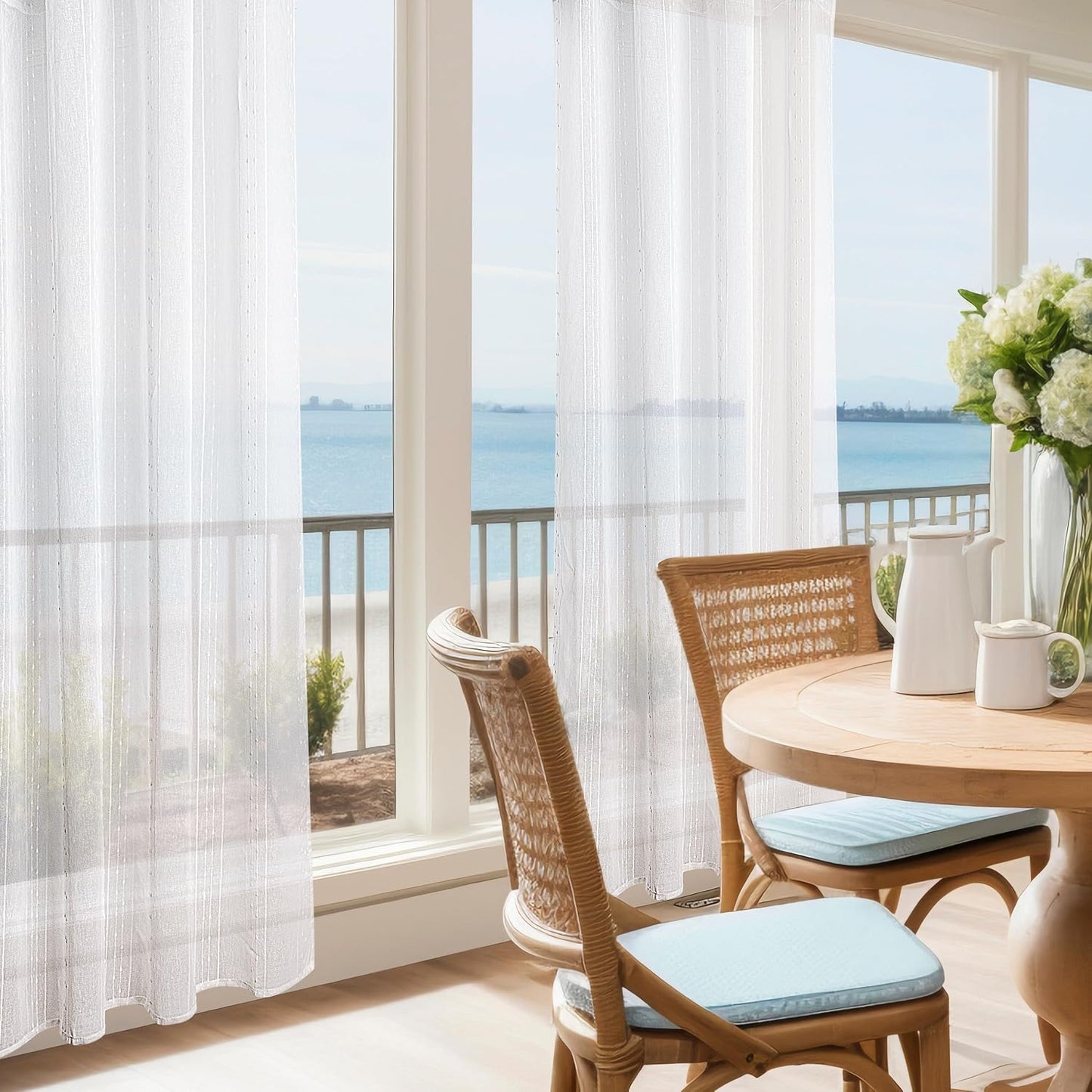 Creamy White Semi Sheer Curtains 52 x 84 Inches Long 2 Panels, White Striped Window Curtains for Living Room Bedroom, Boho Light Filtering Textured Voile Sheer Curtain, Layered Stripes