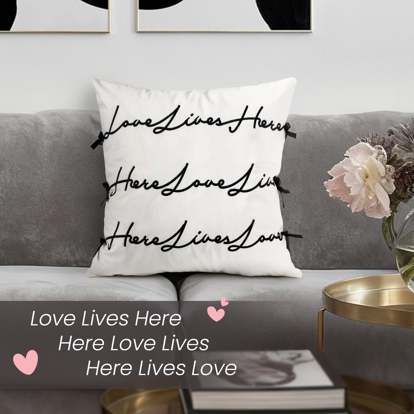 Bow Pillow Cover, Text Design Velvet Bowknot Decorative Pillow Covers for Valentine's Day, Wedding, Christmas, Living Room, Bedroom, Nursery Decor, 18x18 Inch, Love Lives Here, Pink Cream White