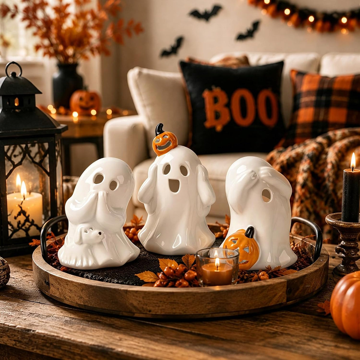 AELS Ceramic Ghost Candle Holder Set of 3, Halloween Tea Light Decor