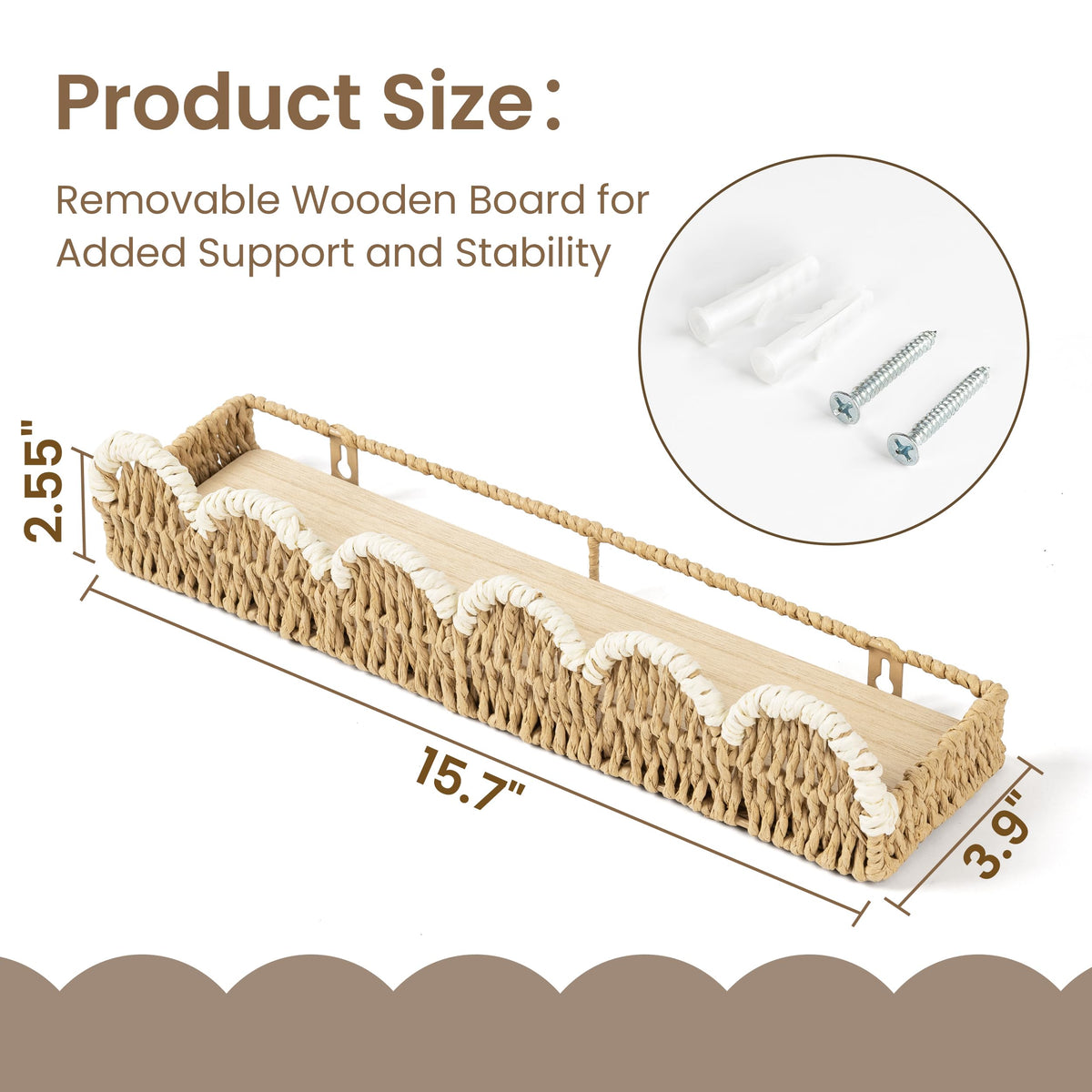 AELS Scalloped Nursery Bookshelf Set of 2, Woven Rattan Wall Shelf Beige
