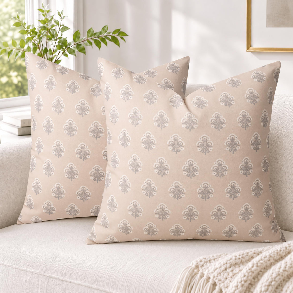 AELS 18x18 Decorative Farmhouse Throw Pillow Covers, Boho Floral Block Print Pillow Covers, Set of 2, Slate Blue Botanical Cushion Covers for Sofa Couch Bed Living Room Bedroom, Cover Only