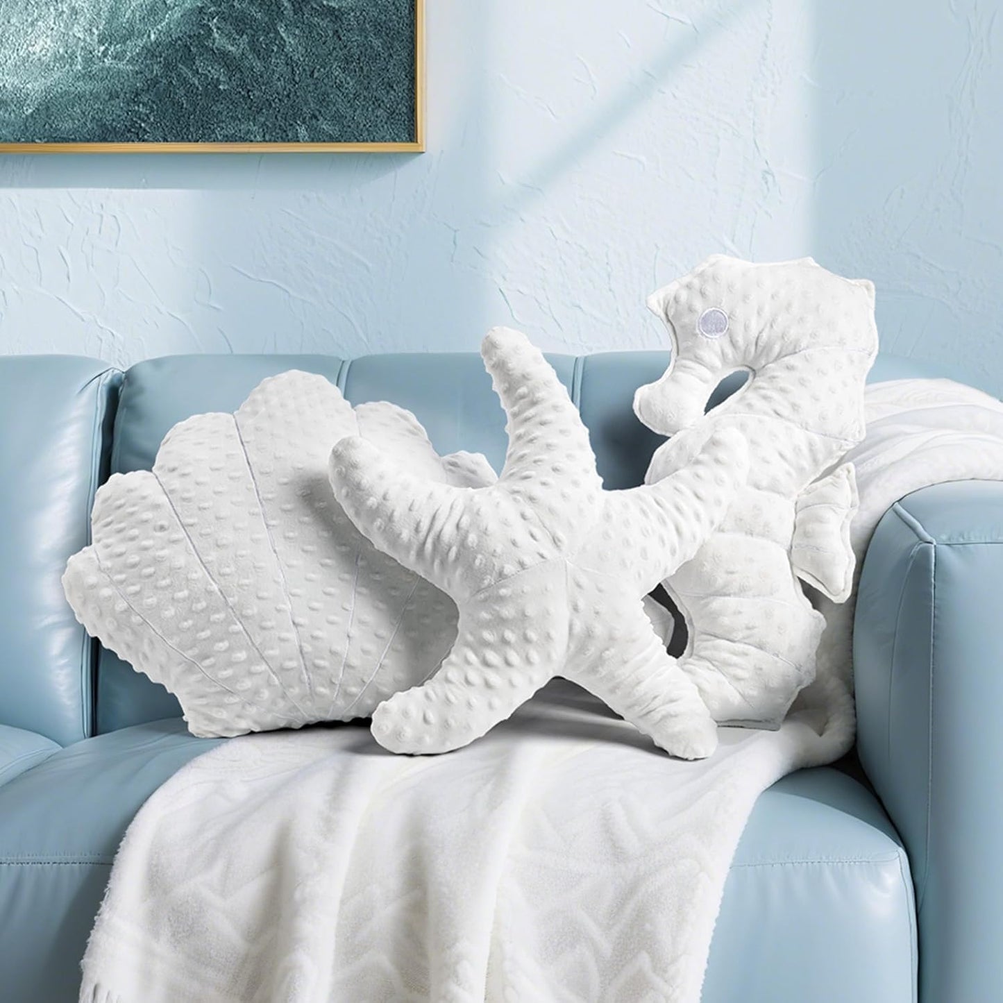 AELS Coastal Throw Pillows Set of 2, Starfish Shell Pillows, Beach Ocean Nautical Themed Smooth Soft Minky Decorative Throw Pillows, Cute Pillow for Couch Sofa Bed Living Room Bedroom Nursery, White