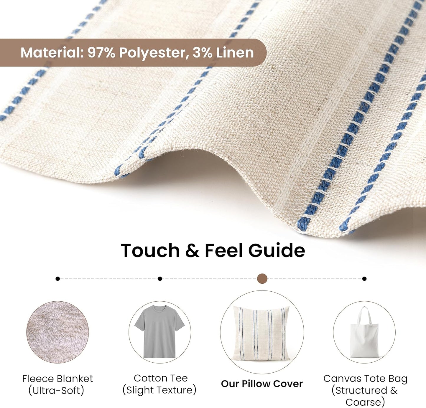 AELS 12x20 Decorative Farmhouse Linen Blend Throw Pillow Covers, Boho Textured Pillow Case, Set of 2, Beige with White & Brown Stitch Yarn Dyed Stripe Cushion Cover for Sofa Living Room (Cover ONLY)