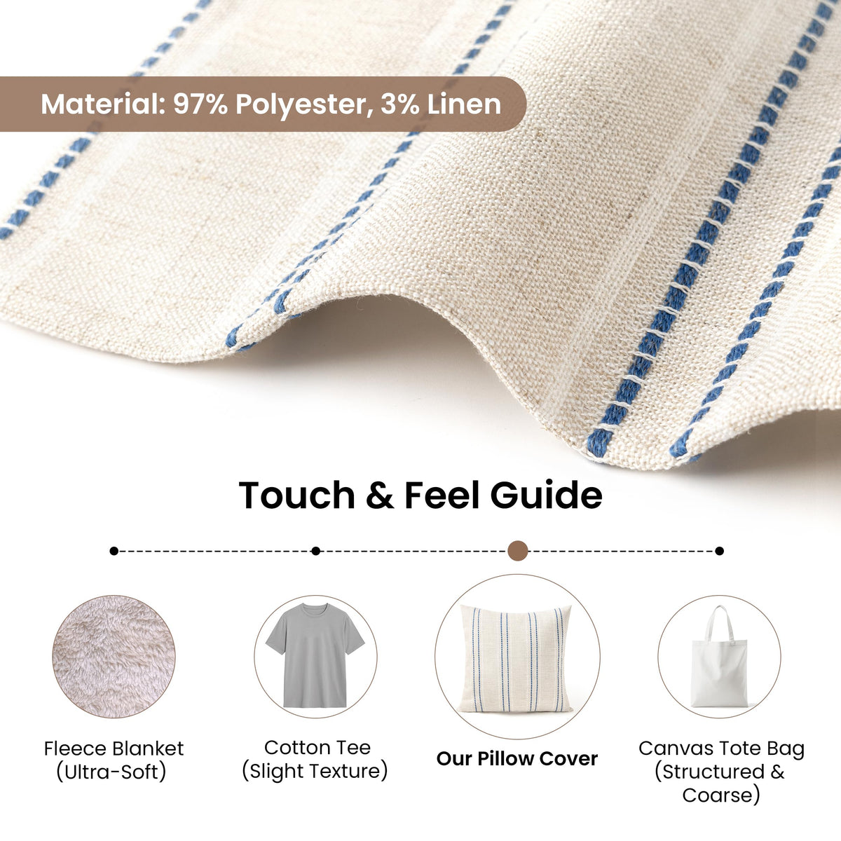 AELS 20x20 Decorative Farmhouse Linen Blend Throw Pillow Covers, Boho Textured Pillow Case, Set of 2, Beige with White & Brown Stitch Yarn Dyed Stripe Cushion Cover for Sofa Living Room (Cover O