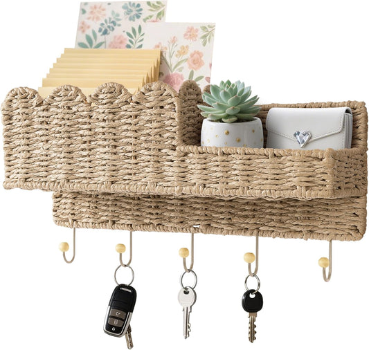AELS Scalloped Woven Wall Mount Key Holder with 5 Hooks, Decorative Paperstraw Mail Organizer for Entryway, Wave Design Ratten Key Rack, Entryway Organizer, Living Room & Hallway Decor, Natural