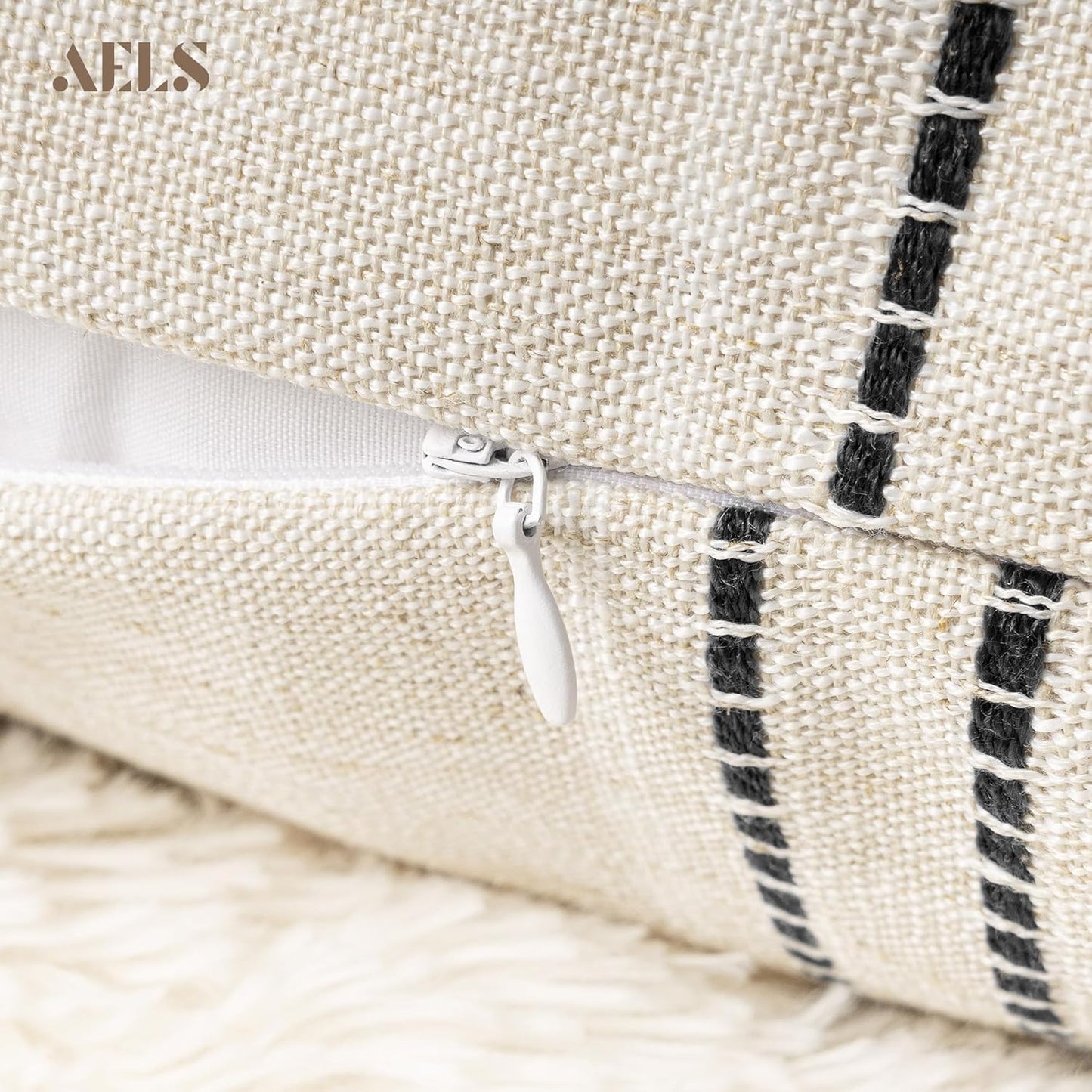 AELS 12x20 Decorative Farmhouse Linen Blend Throw Pillow Covers, Boho Textured Pillow Case, Set of 2, Beige with White & Brown Stitch Yarn Dyed Stripe Cushion Cover for Sofa Living Room (Cover ONLY)
