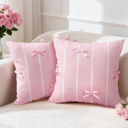 AELS Pink Bow Striped Decorative Valentine Throw Pillow Covers 18x18, Set of 2, Bowknot Pillow Case, Cute Cushion Case for Bed Couch Sofa, Pink and White Stripes, Covers Only