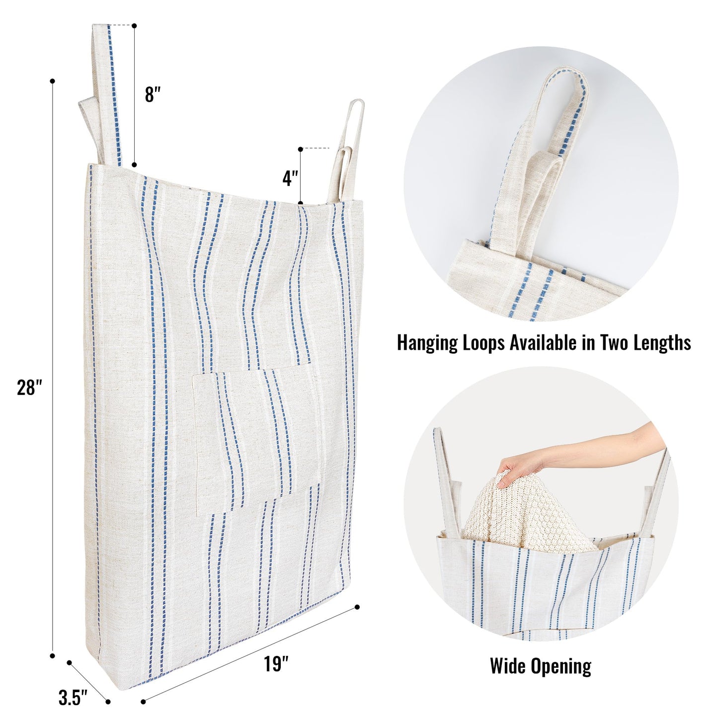 Farmhouse Hanging Laundry Hamper with 2 Hooks, Washable Beige & Stripes Laundry Bag with Zipper & Wide Open Top, Over the Door Organizer for Dirty Clothes, Space Saving Storage