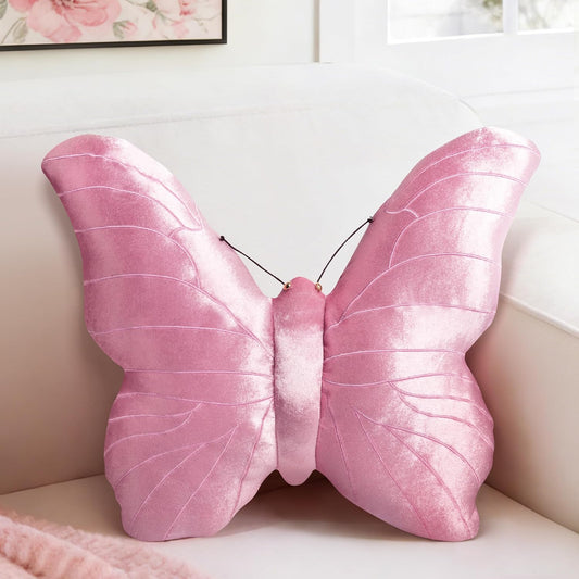AELS Butterfly Pillow, Shining Velvet Decorative Throw Pillows, 18" x 13", Soft Plush Stuffed Animal, Cute Pillow for Living Room, Bedroom, Blush Pink