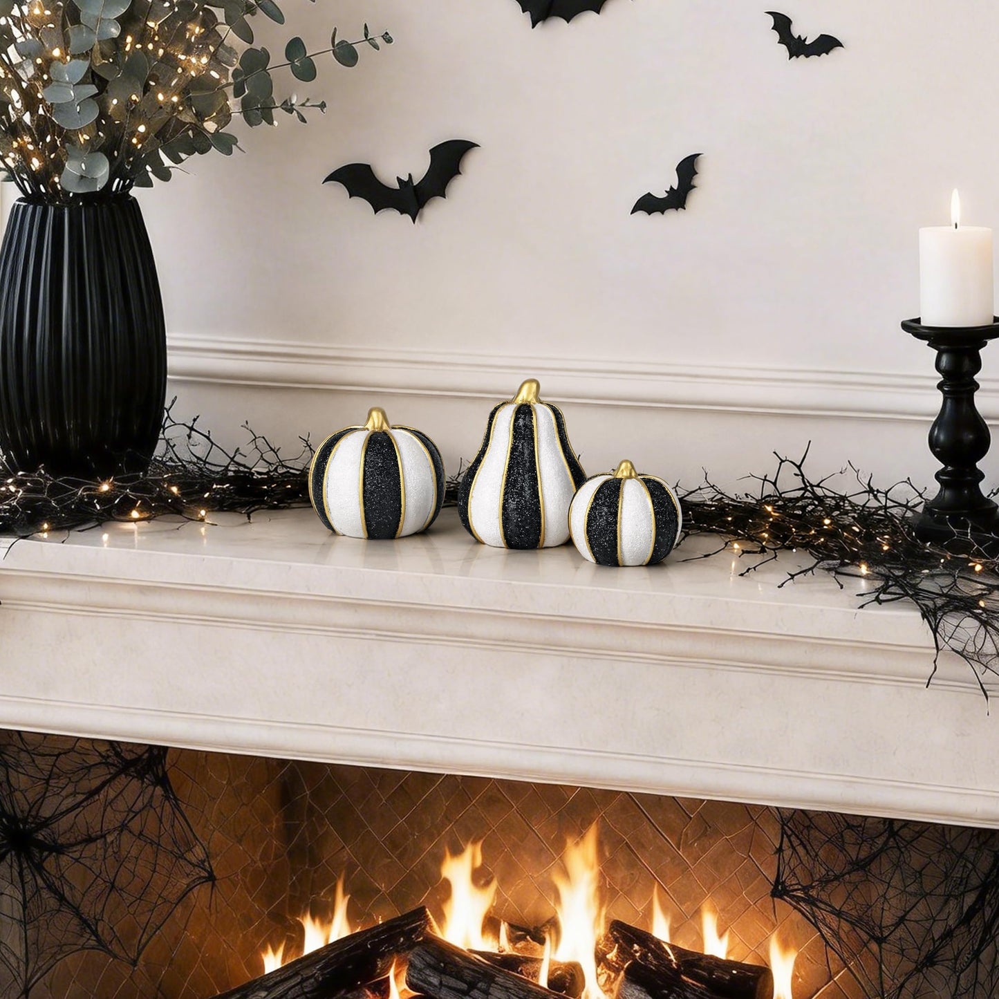 AELS 5.9" Tall Modern Farmhouse Pumpkins Fall Decor Indoor, Set of 2 Elegant Tabletop Decorations, Resin Artificial Pumpkins Decor for Fall Table Runner, Office, Holiday Party Home, White