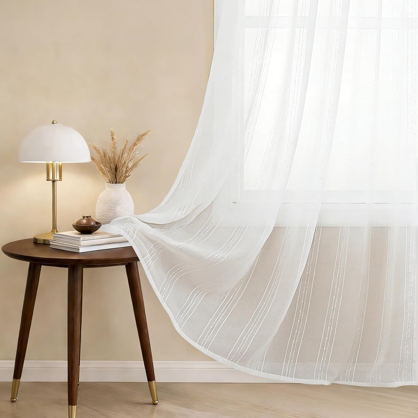 Creamy White Semi Sheer Curtains 52 x 84 Inches Long 2 Panels, White Striped Window Curtains for Living Room Bedroom, Boho Light Filtering Textured Voile Sheer Curtain, Layered Stripes